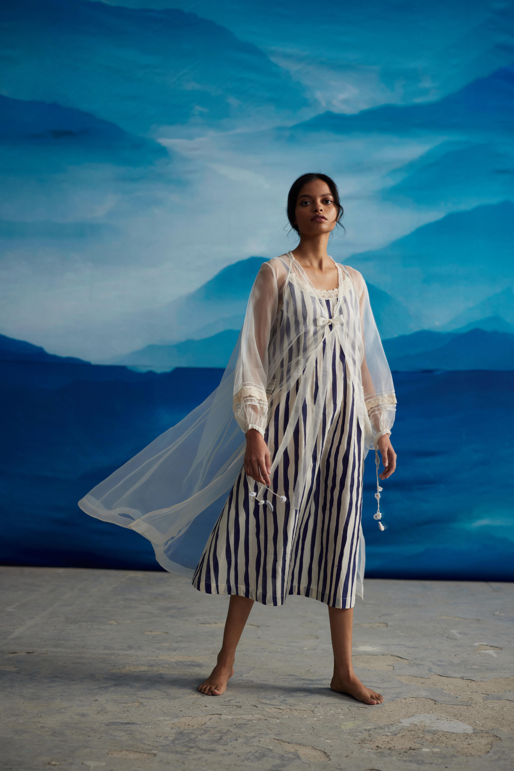 White Striped Tie-Up Dress by Ahmev with at Kamakhyaa for sustainable fashion