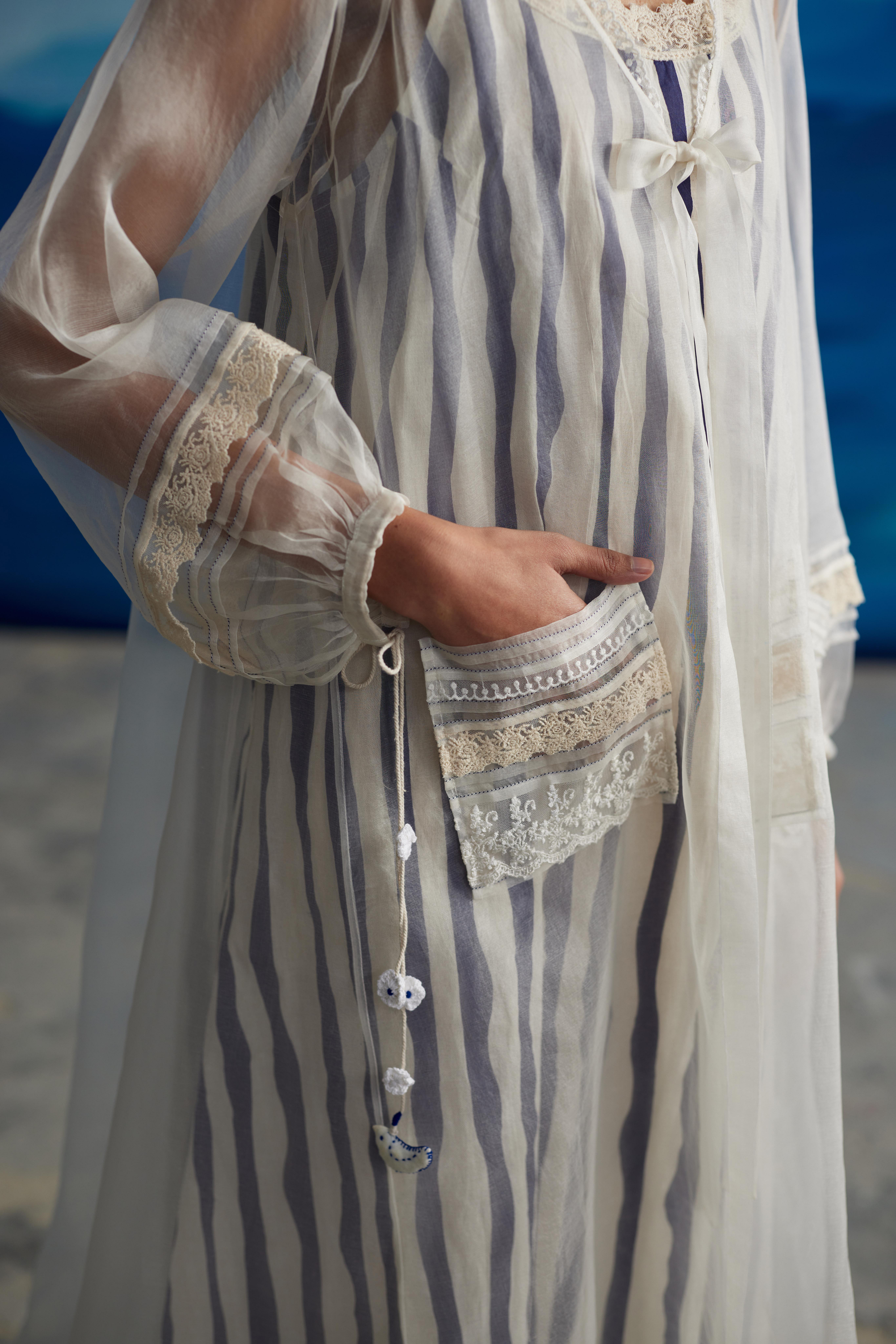 White Striped Tie-Up Dress by Ahmev with at Kamakhyaa for sustainable fashion