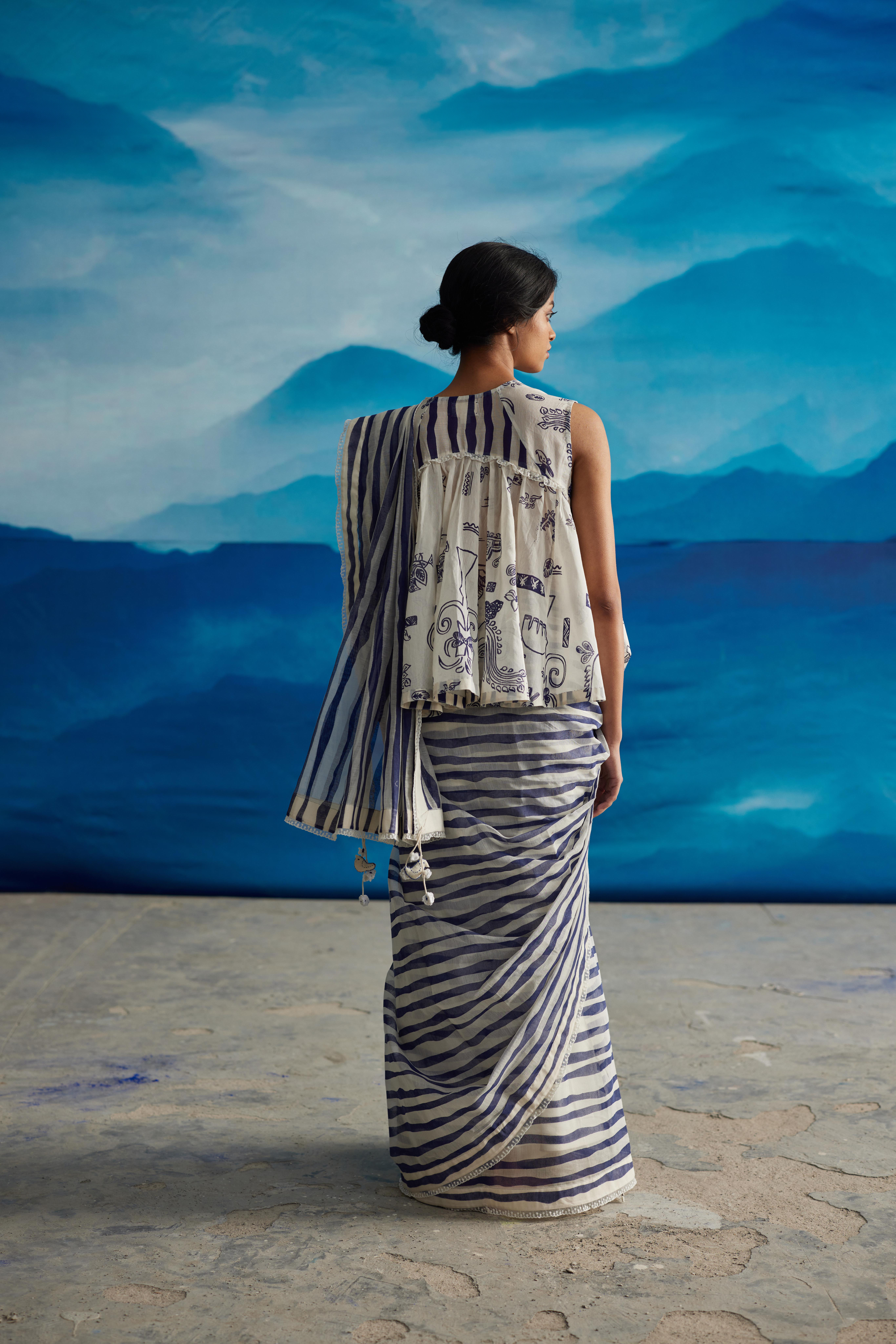 White Chanderi Saree With Tassels by Ahmev with at Kamakhyaa for sustainable fashion