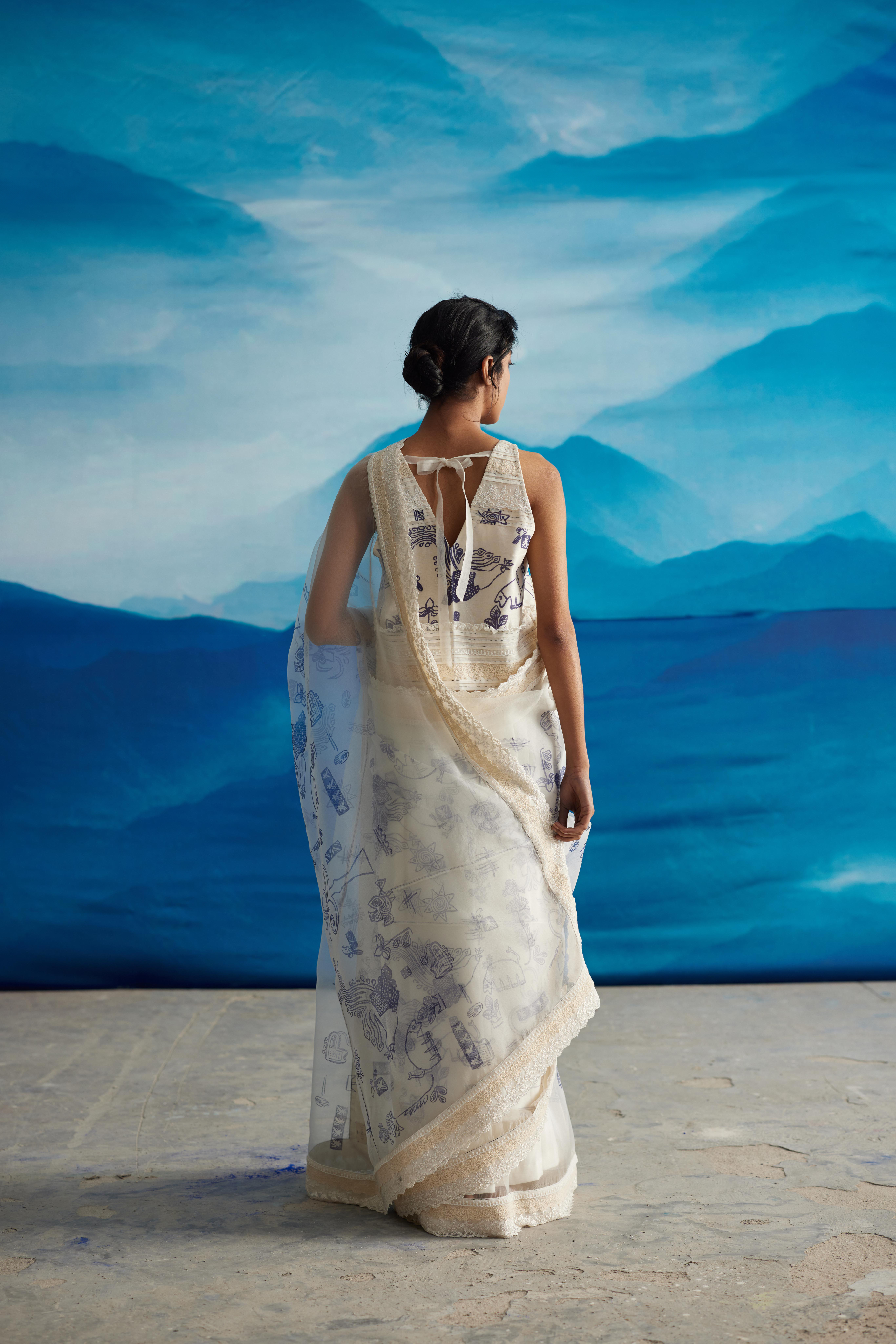 White Silk Oganza Saree With Tassels by Ahmev with at Kamakhyaa for sustainable fashion