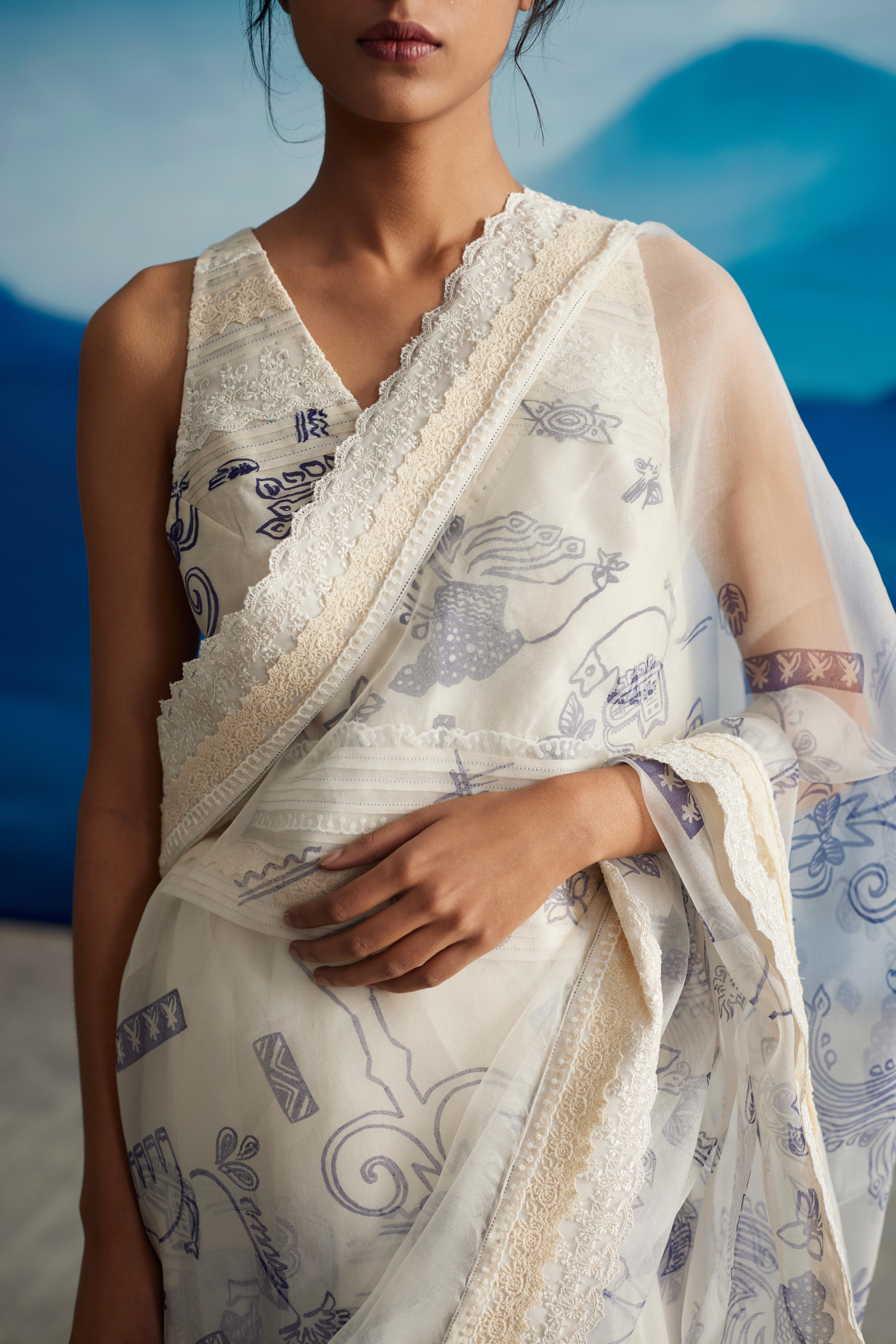 White Silk Oganza Saree With Tassels by Ahmev with at Kamakhyaa for sustainable fashion