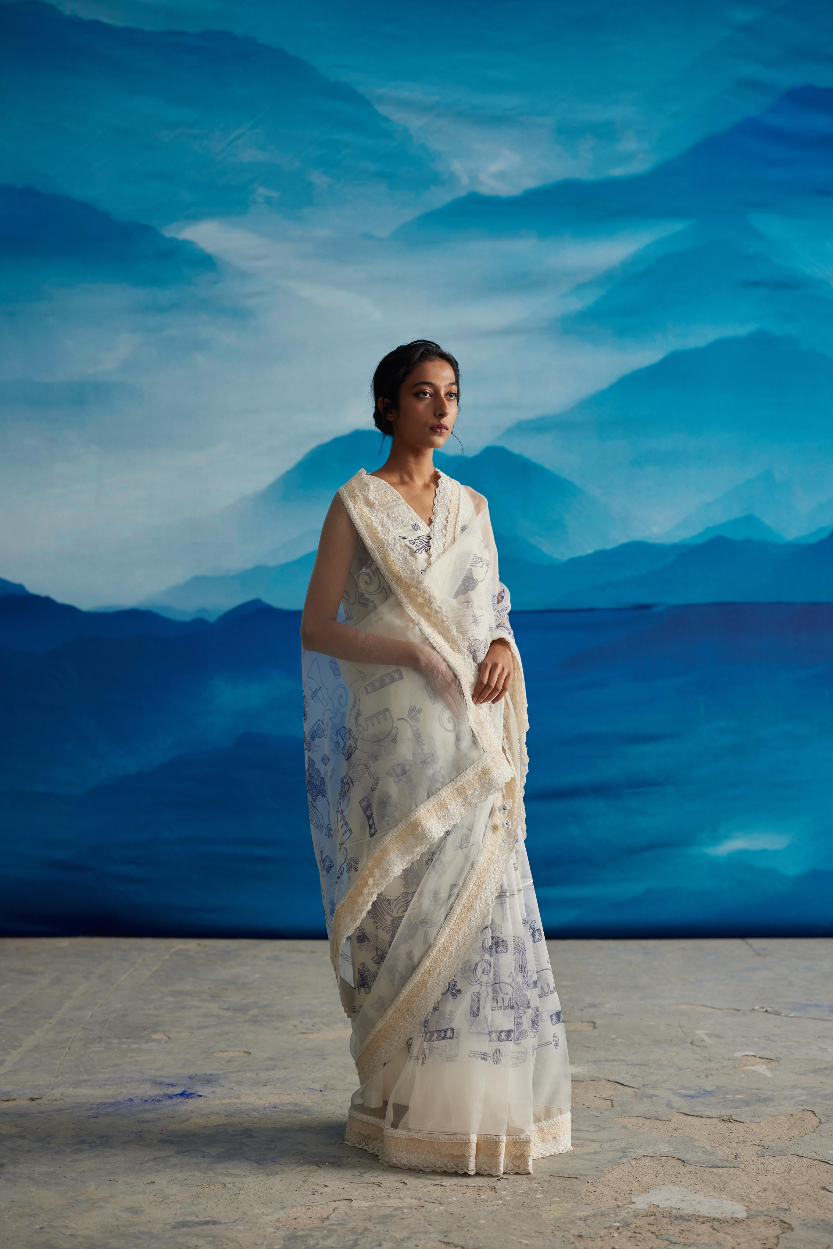 White Silk Oganza Saree With Tassels by Ahmev with at Kamakhyaa for sustainable fashion