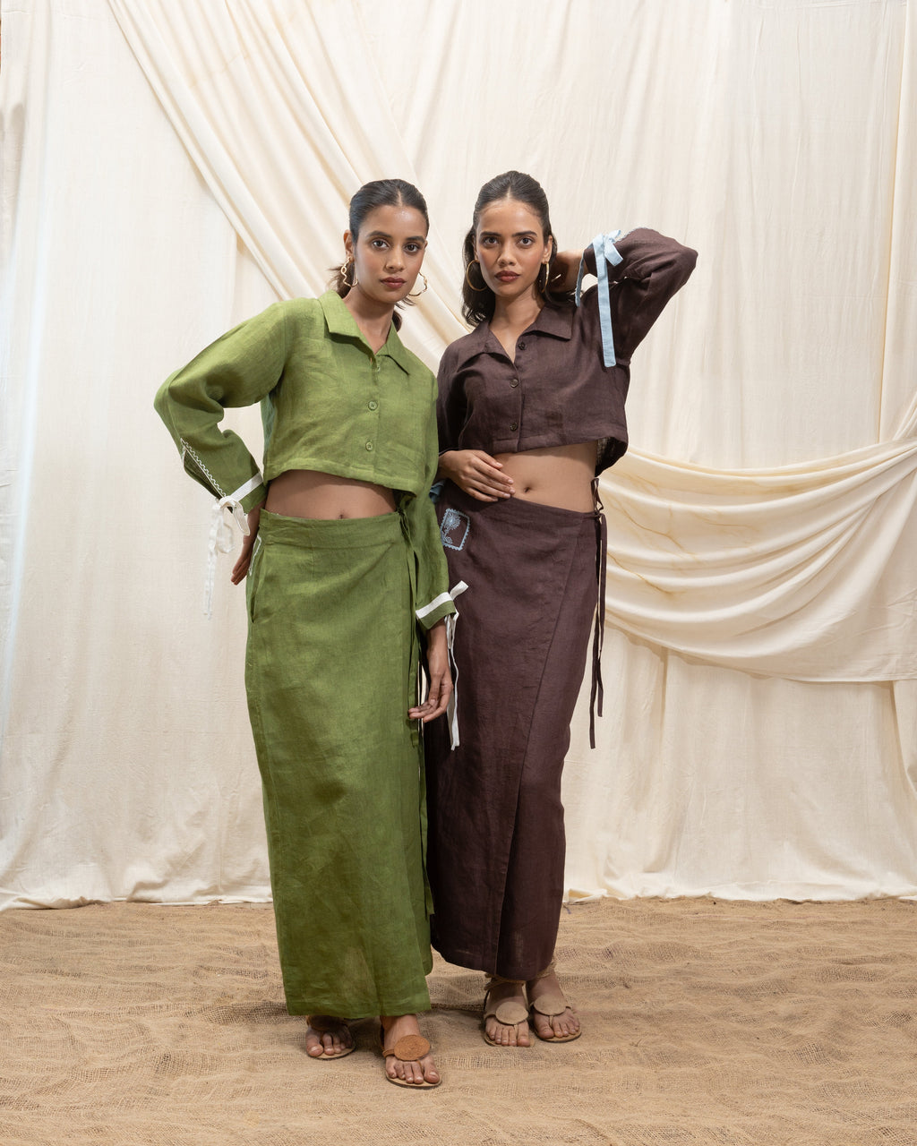 Linen cropped shirt and wrap skirt set by Akashi Clothing with The Stamp Edit By Akashi Clothing at Kamakhyaa for sustainable fashion