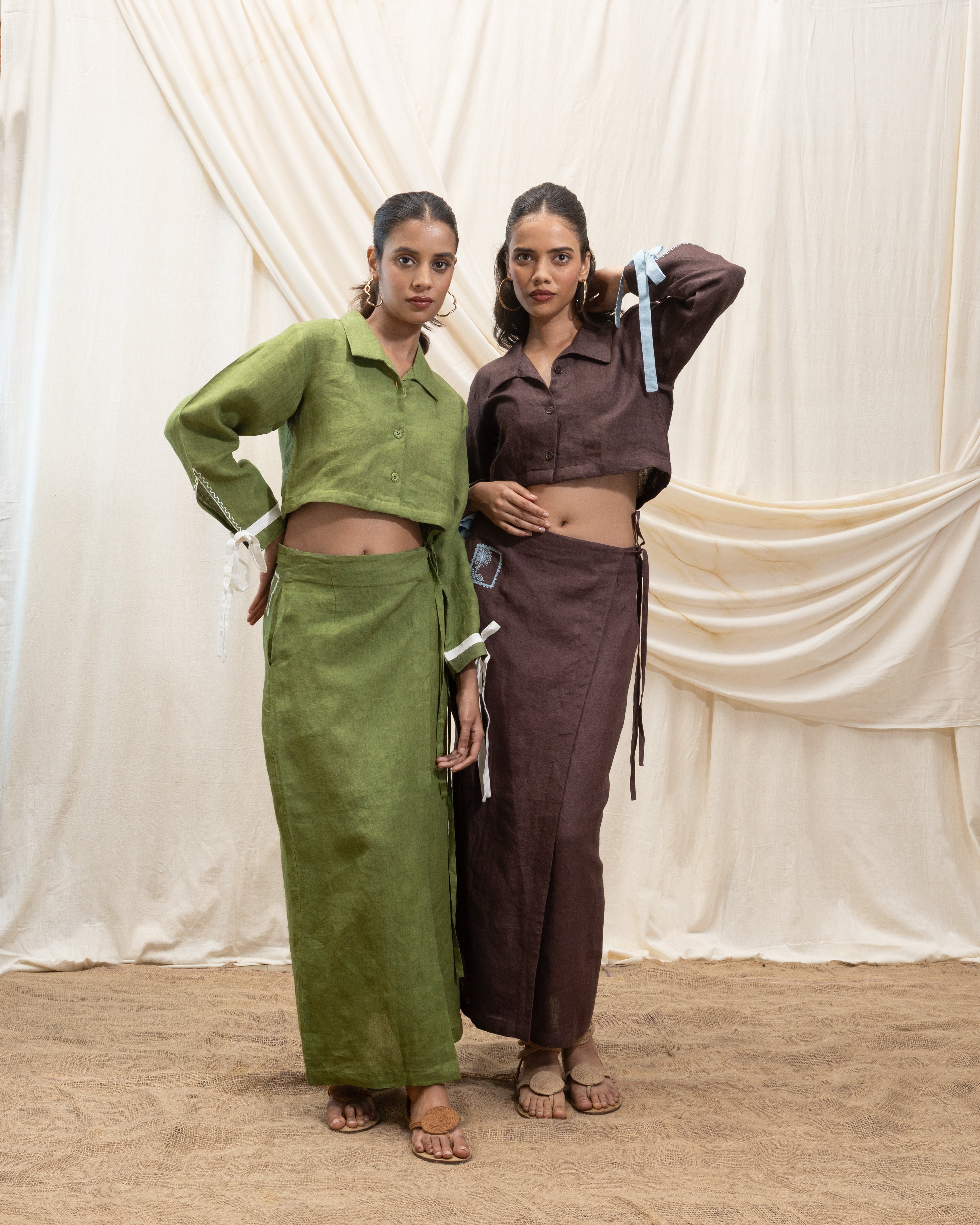 Linen cropped shirt and wrap skirt set by Akashi Clothing with The Stamp Edit By Akashi Clothing at Kamakhyaa for sustainable fashion