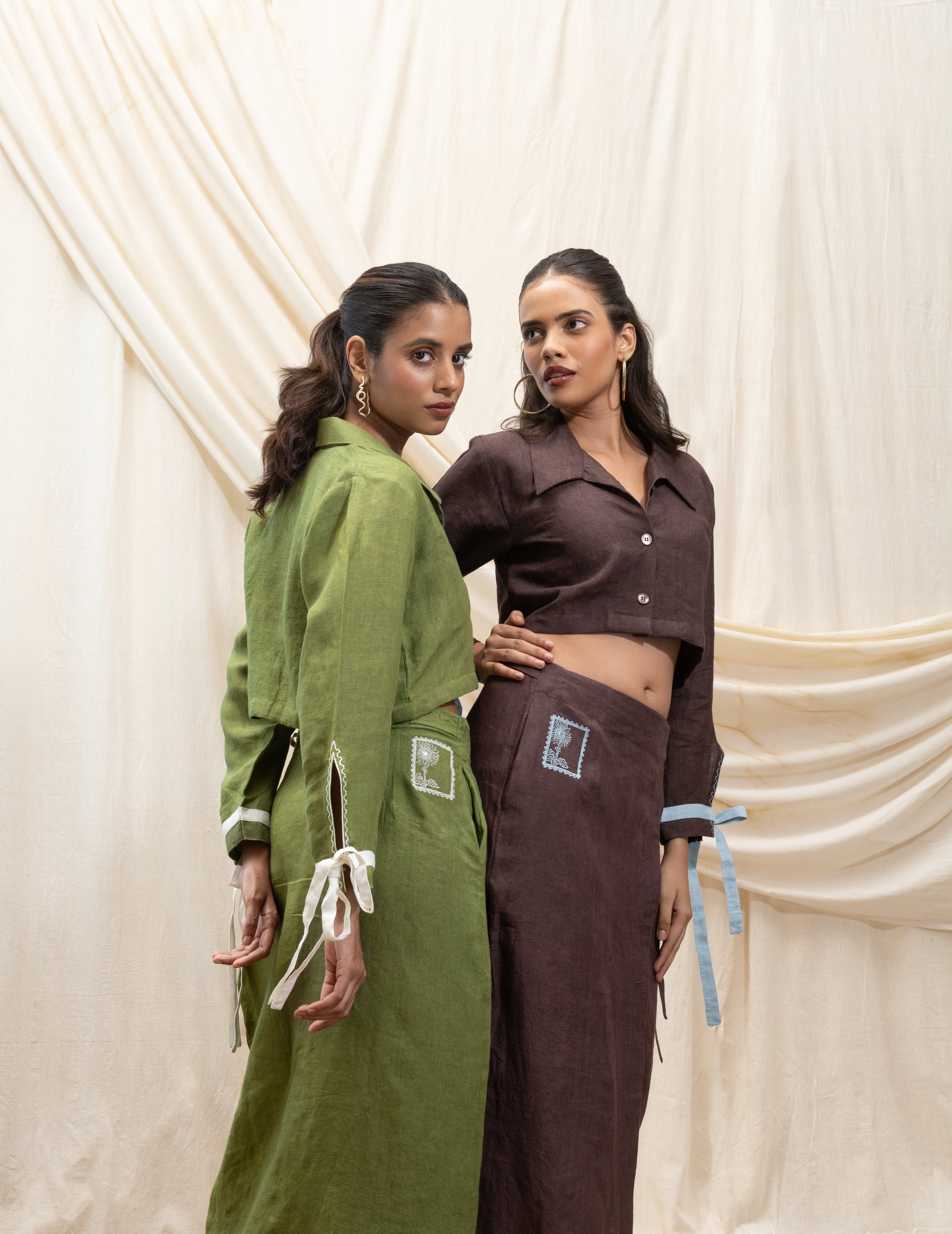 Linen cropped shirt and wrap skirt set by Akashi Clothing with The Stamp Edit By Akashi Clothing at Kamakhyaa for sustainable fashion