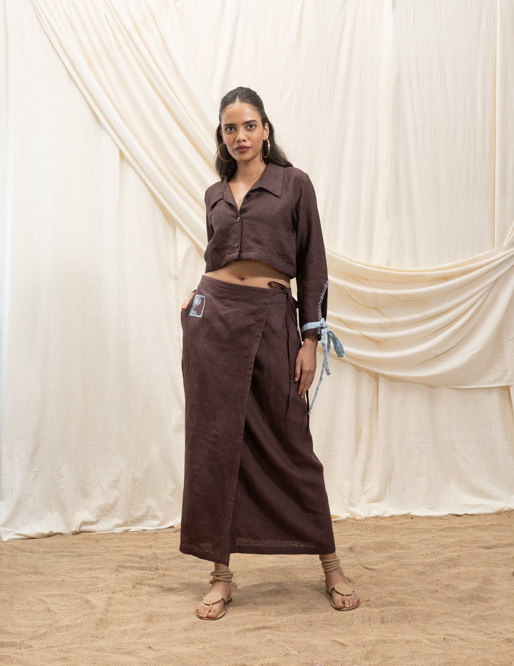 Linen cropped shirt and wrap skirt set by Akashi Clothing with The Stamp Edit By Akashi Clothing at Kamakhyaa for sustainable fashion