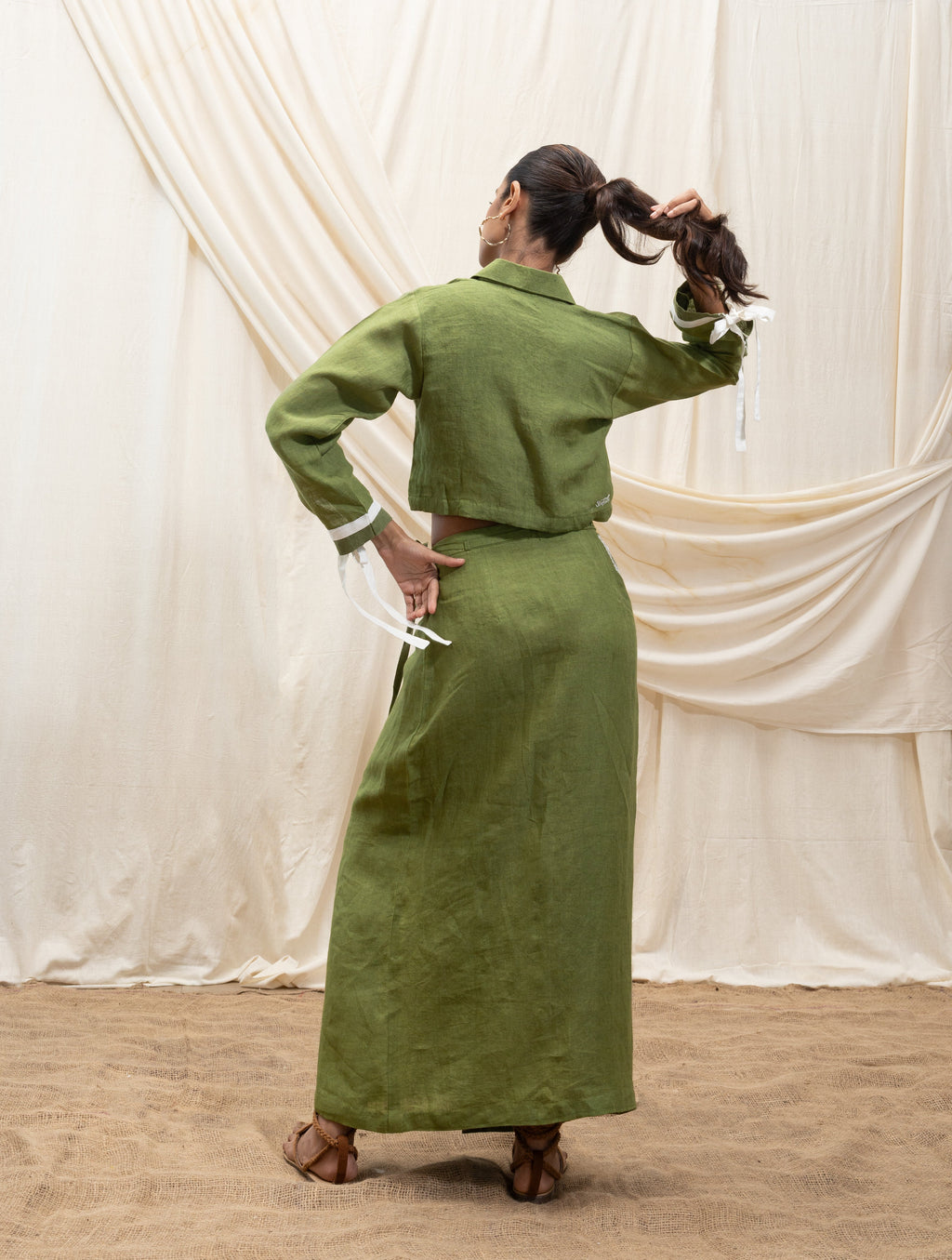 Linen cropped shirt and wrap skirt set by Akashi Clothing with The Stamp Edit By Akashi Clothing at Kamakhyaa for sustainable fashion