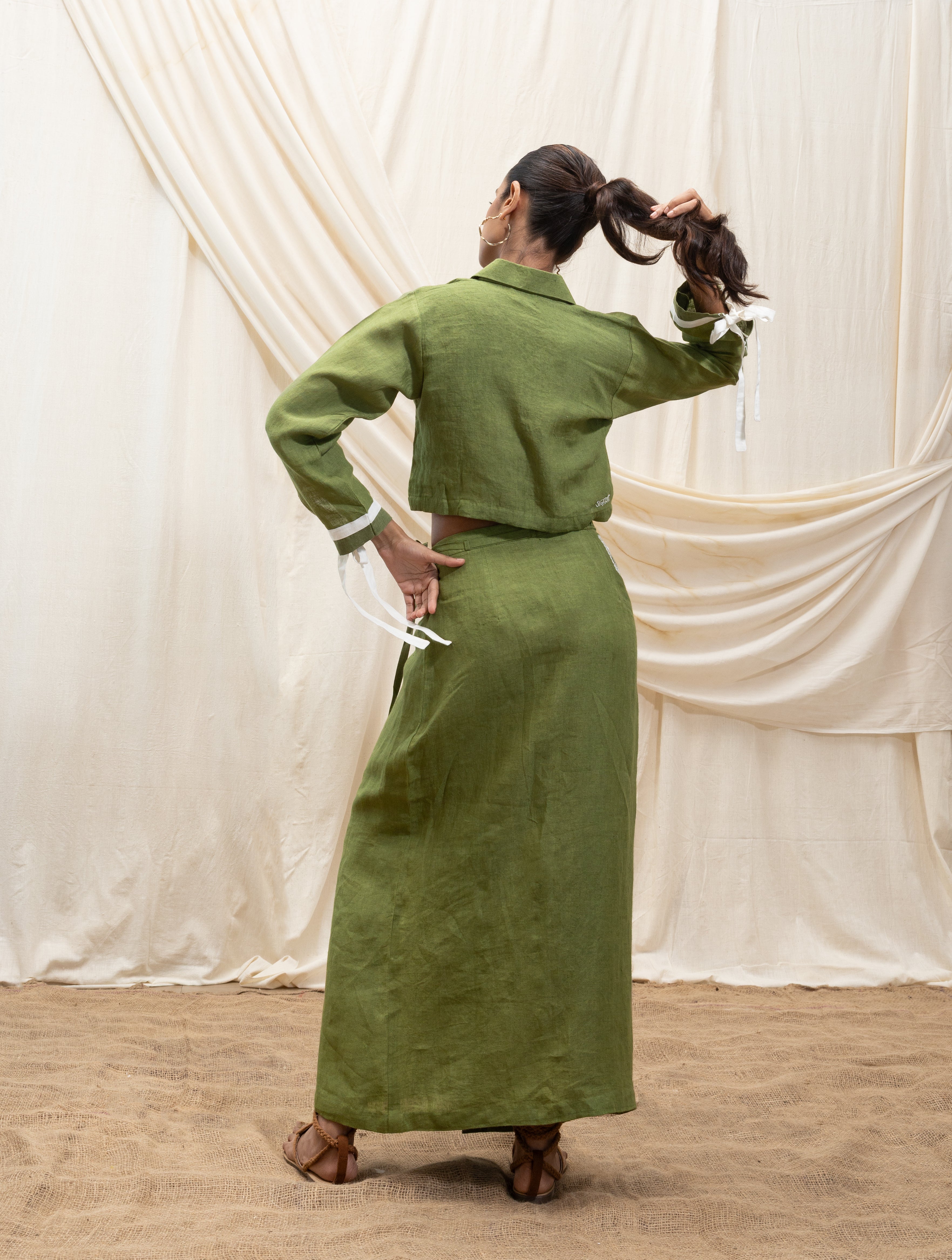 Linen cropped shirt and wrap skirt set by Akashi Clothing with The Stamp Edit By Akashi Clothing at Kamakhyaa for sustainable fashion