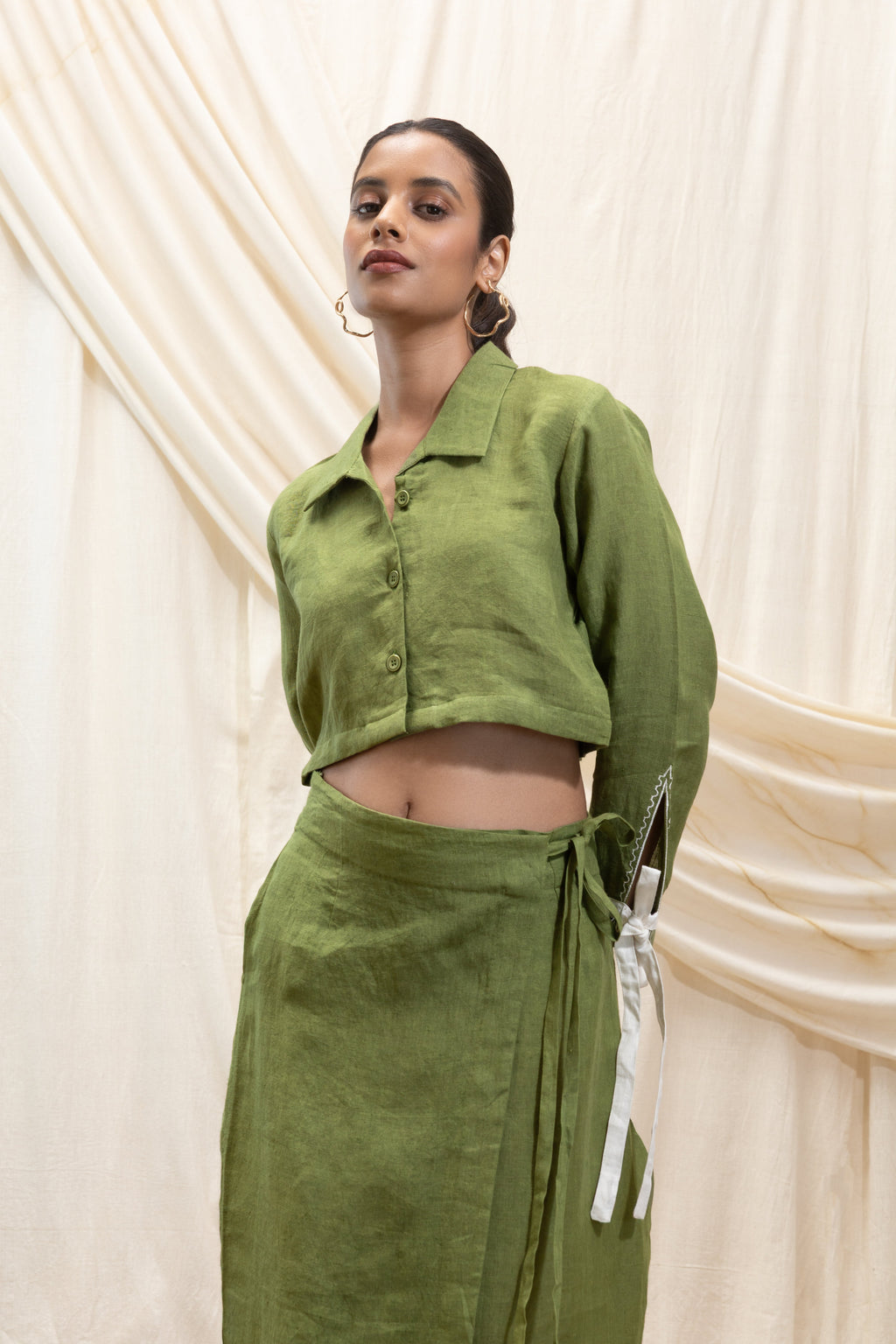 Linen cropped shirt and wrap skirt set by Akashi Clothing with The Stamp Edit By Akashi Clothing at Kamakhyaa for sustainable fashion
