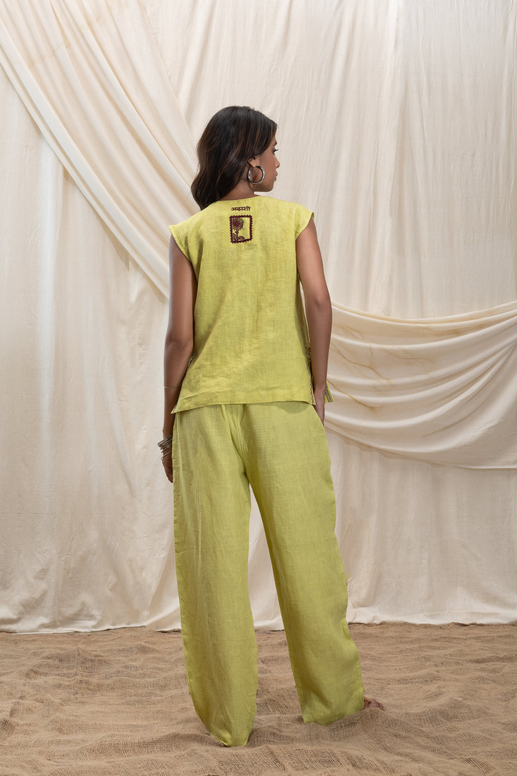 Linen utilty vest and pant set by Akashi Clothing with The Stamp Edit By Akashi Clothing at Kamakhyaa for sustainable fashion