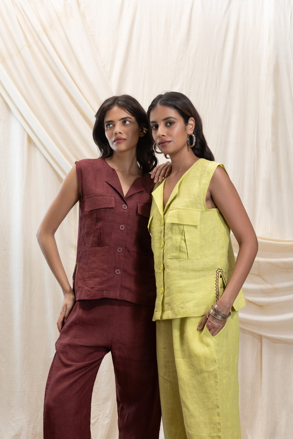 Linen utilty vest and pant set by Akashi Clothing with The Stamp Edit By Akashi Clothing at Kamakhyaa for sustainable fashion