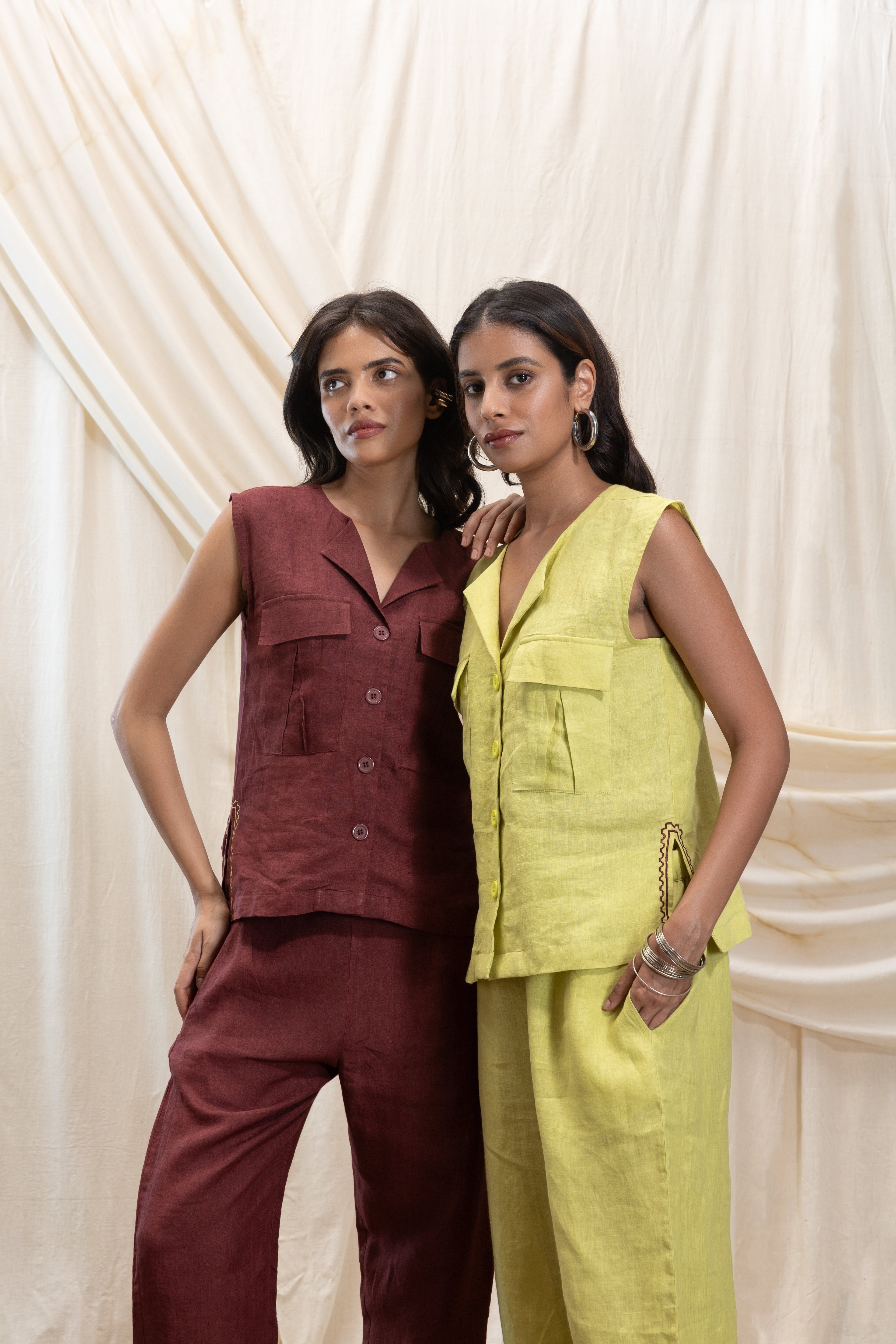 Linen utilty vest and pant set by Akashi Clothing with The Stamp Edit By Akashi Clothing at Kamakhyaa for sustainable fashion