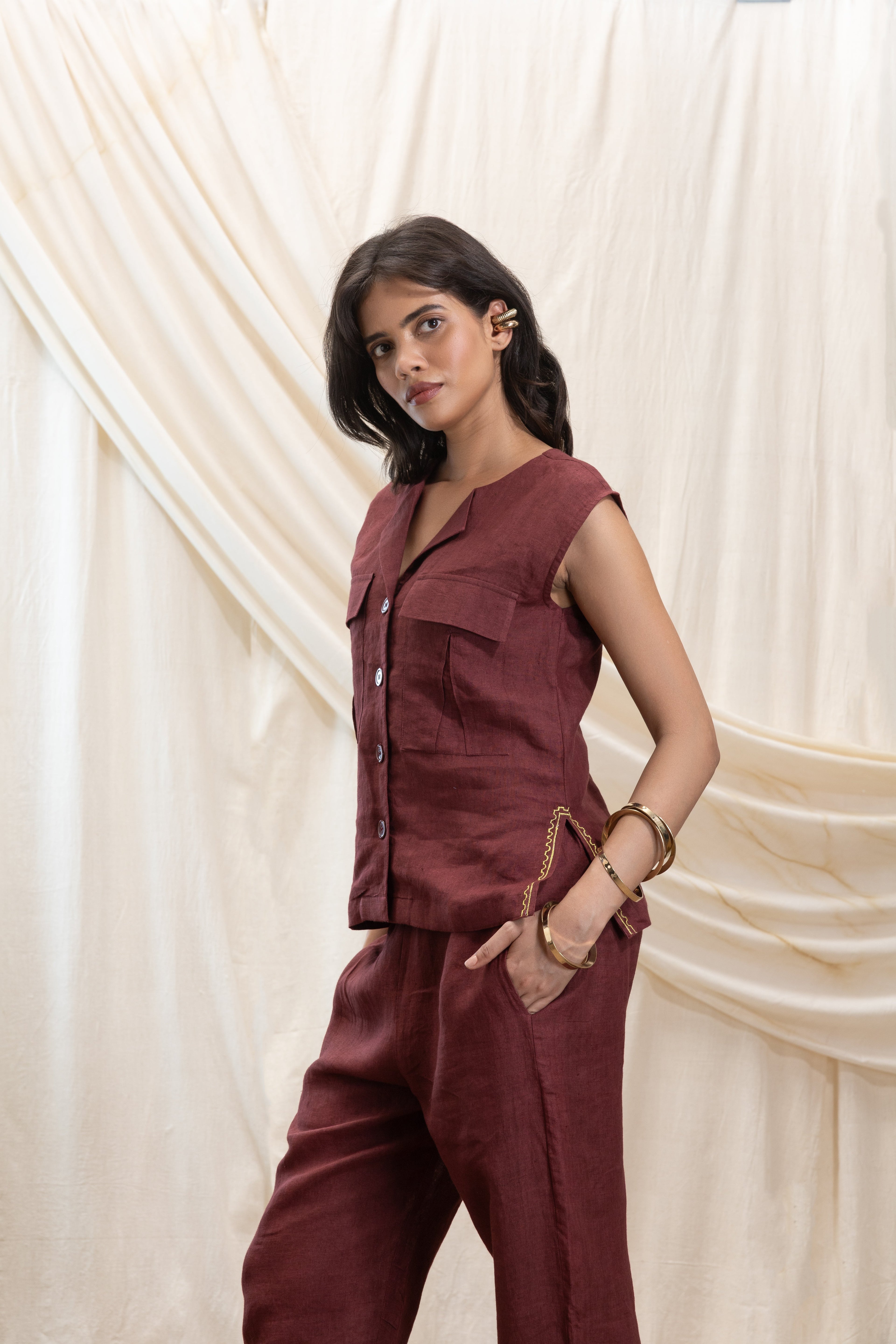 Linen utilty vest and pant set by Akashi Clothing with The Stamp Edit By Akashi Clothing at Kamakhyaa for sustainable fashion