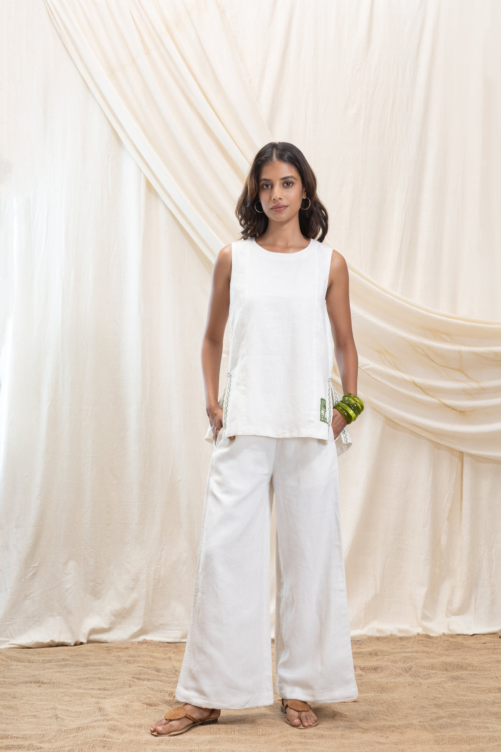 Linen tunic top and flared pant set by Akashi Clothing with The Stamp Edit By Akashi Clothing at Kamakhyaa for sustainable fashion