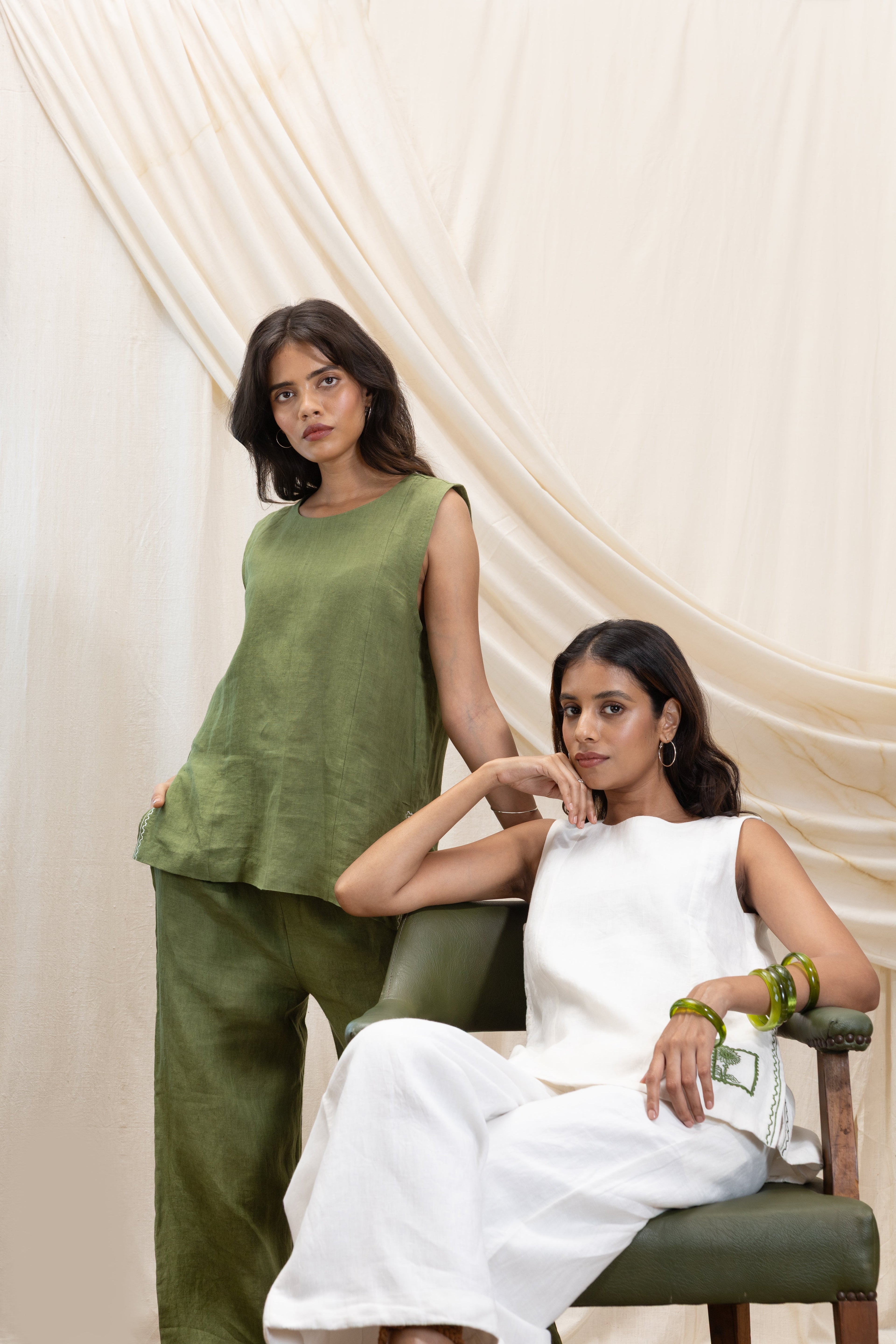 Linen tunic top and flared pant set by Akashi Clothing with The Stamp Edit By Akashi Clothing at Kamakhyaa for sustainable fashion