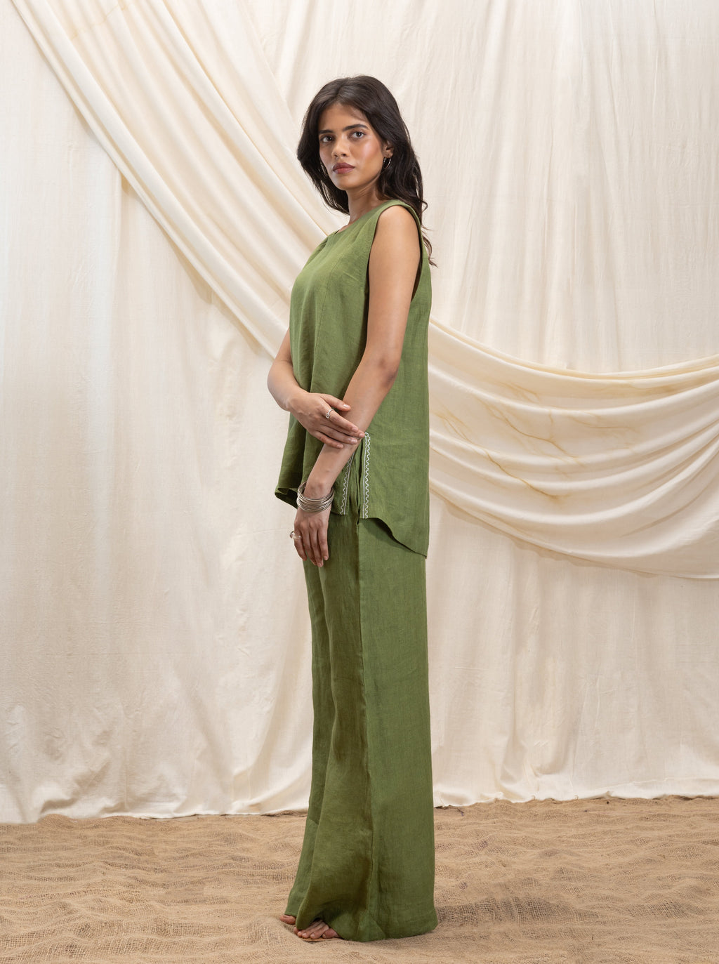 Linen tunic top and flared pant set by Akashi Clothing with The Stamp Edit By Akashi Clothing at Kamakhyaa for sustainable fashion