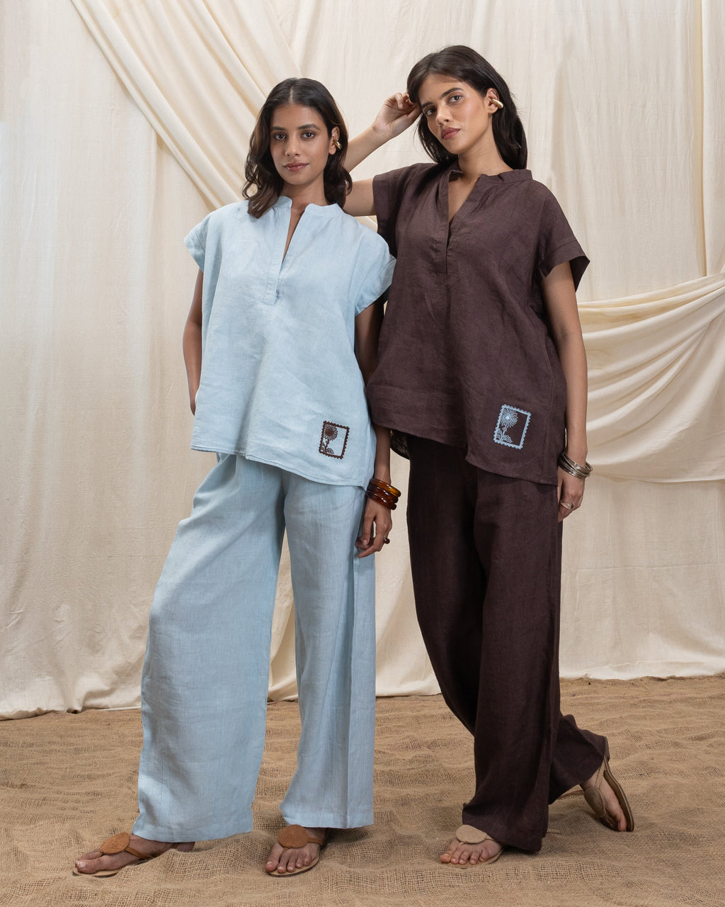 Linen v neck top and pleated drawsing pant set by Akashi Clothing with The Stamp Edit By Akashi Clothing at Kamakhyaa for sustainable fashion