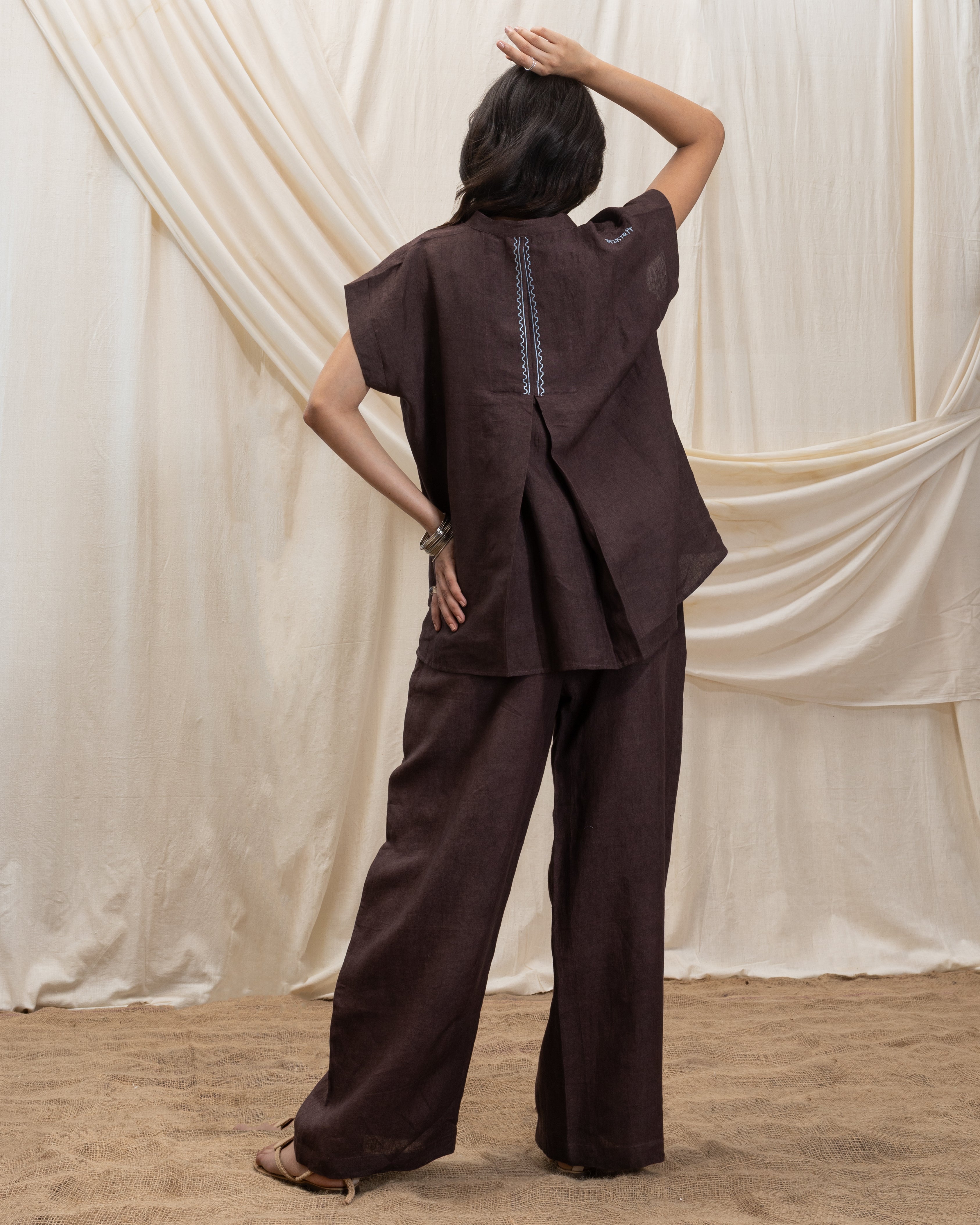 Linen v neck top and pleated drawsing pant set by Akashi Clothing with The Stamp Edit By Akashi Clothing at Kamakhyaa for sustainable fashion