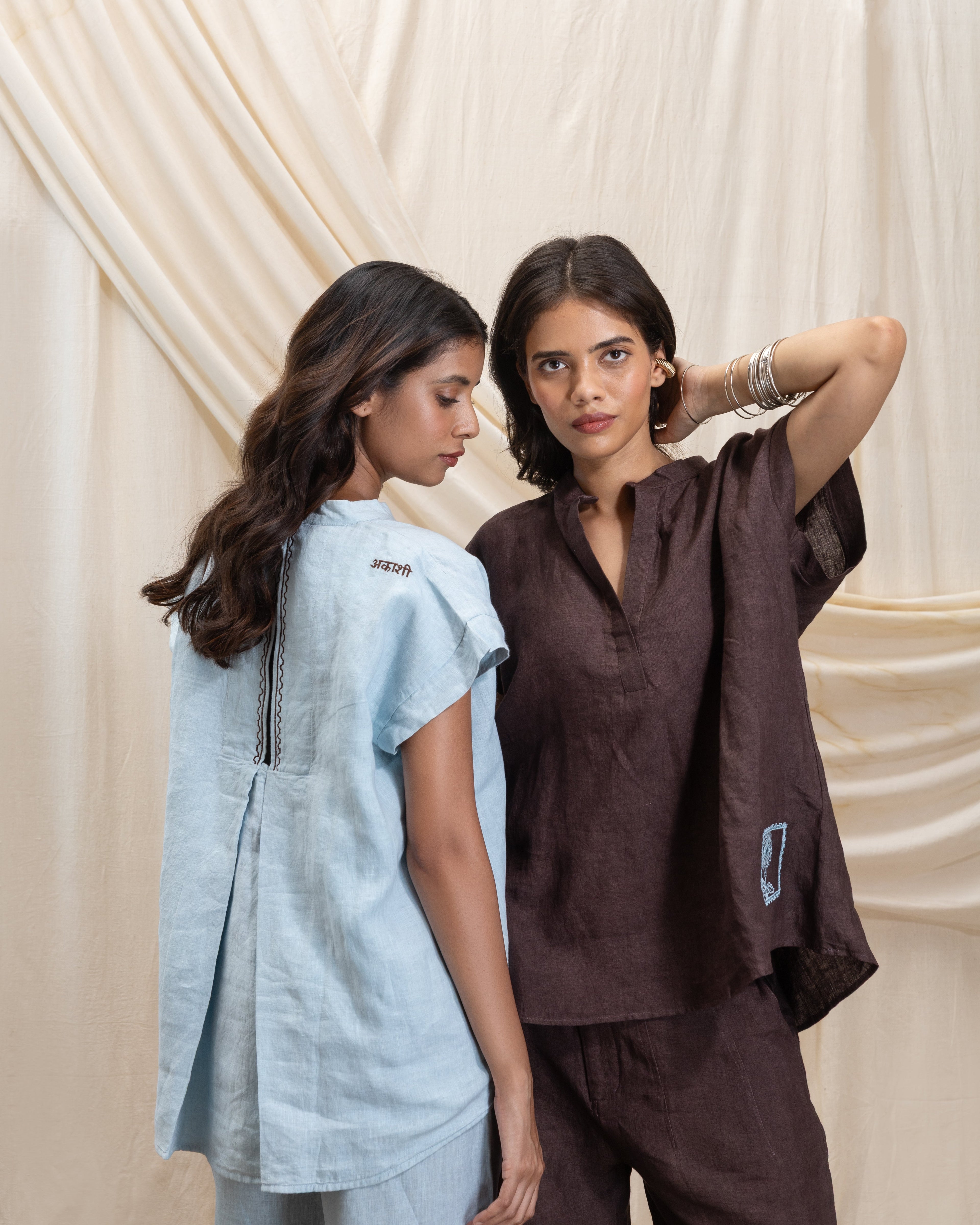 Linen v neck top and pleated drawsing pant set by Akashi Clothing with The Stamp Edit By Akashi Clothing at Kamakhyaa for sustainable fashion