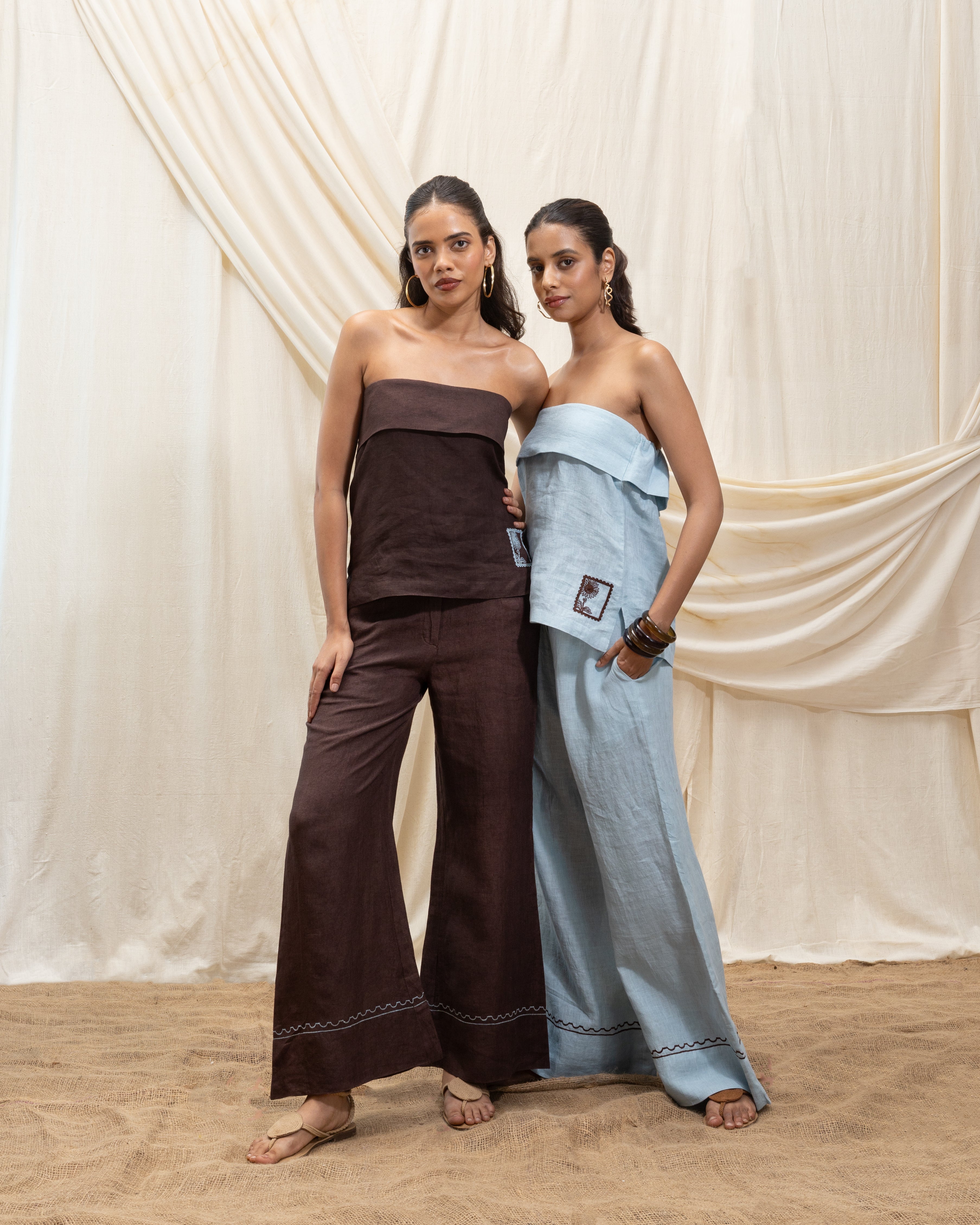 Linen tube top and bell bottom set by Akashi Clothing with The Stamp Edit By Akashi Clothing at Kamakhyaa for sustainable fashion