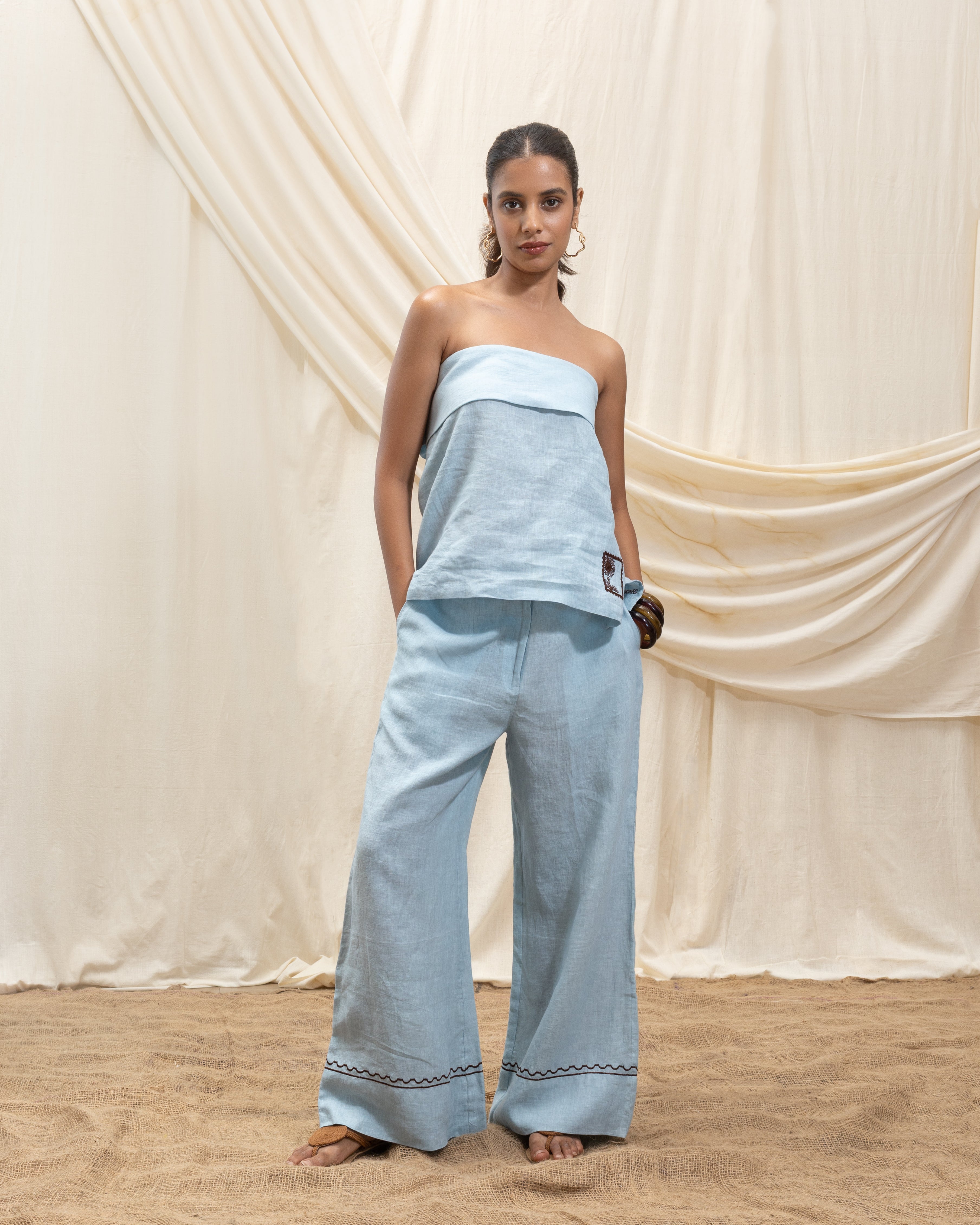 Linen tube top and bell bottom set by Akashi Clothing with The Stamp Edit By Akashi Clothing at Kamakhyaa for sustainable fashion