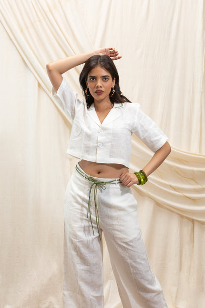 Linen cropped blazer and straight pant set by Akashi Clothing with The Stamp Edit By Akashi Clothing at Kamakhyaa for sustainable fashion