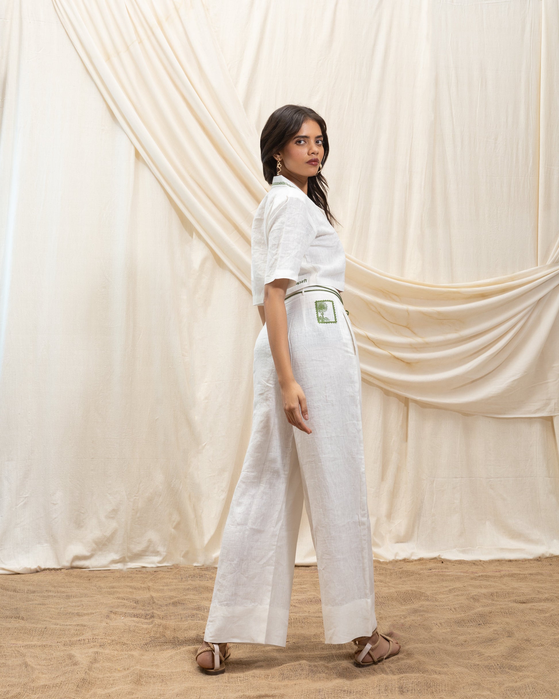 Linen cropped blazer and straight pant set by Akashi Clothing with The Stamp Edit By Akashi Clothing at Kamakhyaa for sustainable fashion