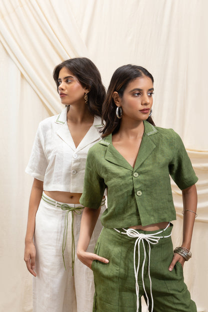 Linen cropped blazer and straight pant set by Akashi Clothing with The Stamp Edit By Akashi Clothing at Kamakhyaa for sustainable fashion