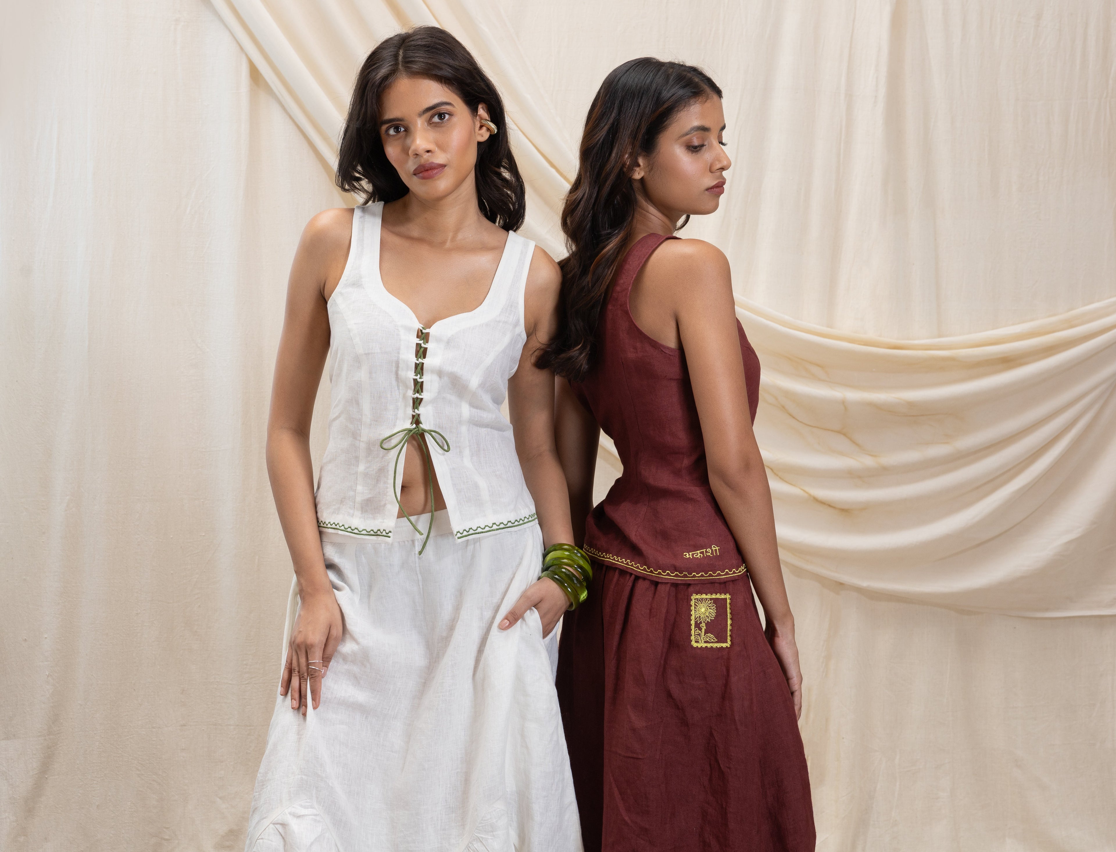 Linen tie up corset and flowy skirt set by Akashi Clothing with The Stamp Edit By Akashi Clothing at Kamakhyaa for sustainable fashion