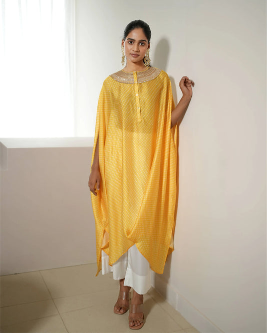 Yellow Satin Silk Bandhej Kurta Pant Set by Mayura Kumar with Bandhej, Bandhej Bandhini Mixology by Mayura Kumar, Dry clean, Festive Wear, Relaxed Fit, Satin Silk, Tie-Dye, Yellow at Kamakhyaa for sustainable fashion