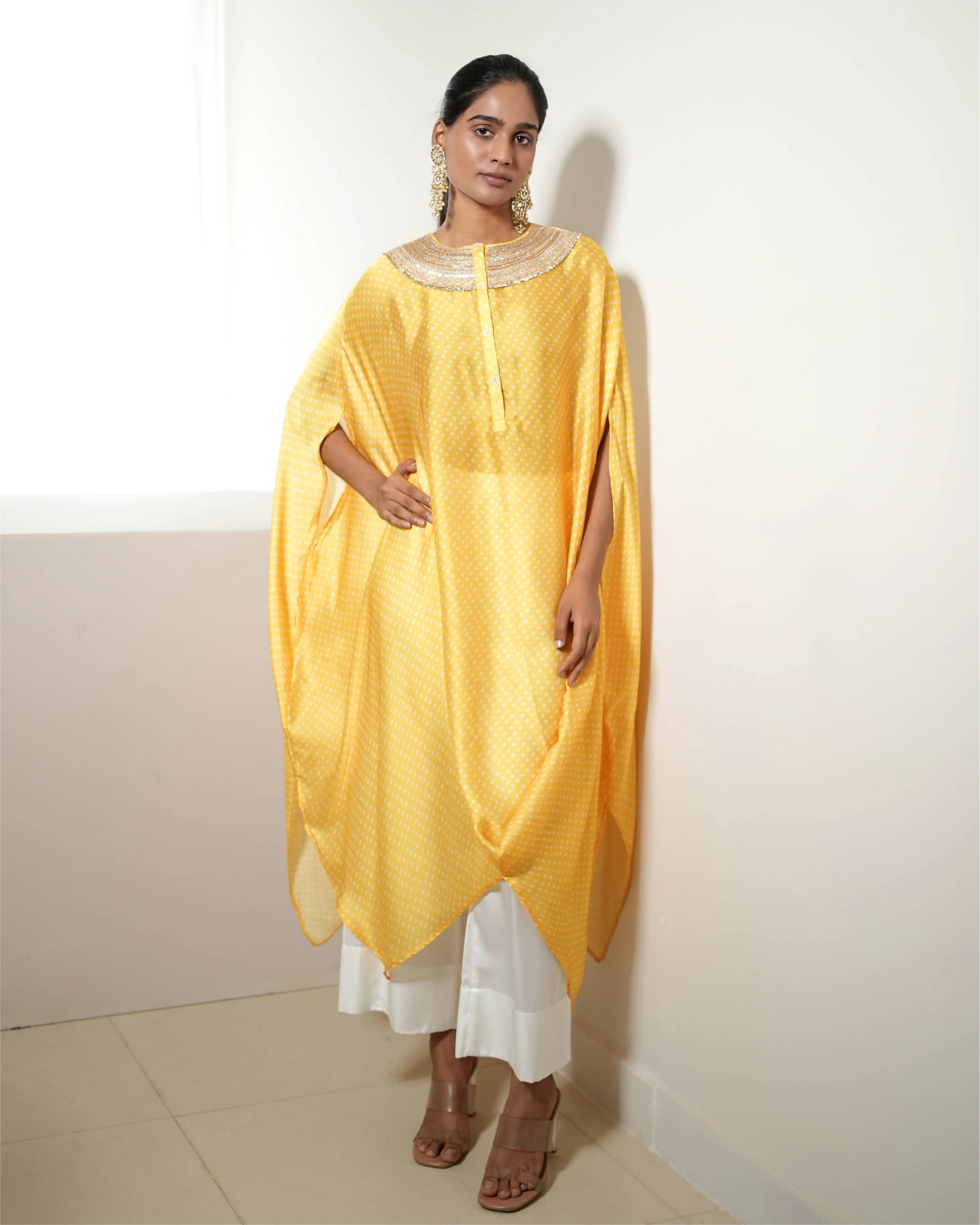 Yellow Satin Silk Bandhej Kurta Pant Set by Mayura Kumar with Bandhej, Bandhej Bandhini Mixology by Mayura Kumar, Dry clean, Festive Wear, Relaxed Fit, Satin Silk, Tie-Dye, Yellow at Kamakhyaa for sustainable fashion