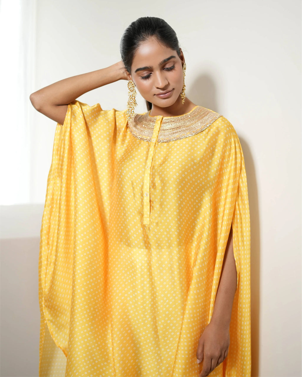 Yellow Satin Silk Bandhej Kurta Pant Set by Mayura Kumar with Bandhej, Bandhej Bandhini Mixology by Mayura Kumar, Dry clean, Festive Wear, Relaxed Fit, Satin Silk, Tie-Dye, Yellow at Kamakhyaa for sustainable fashion