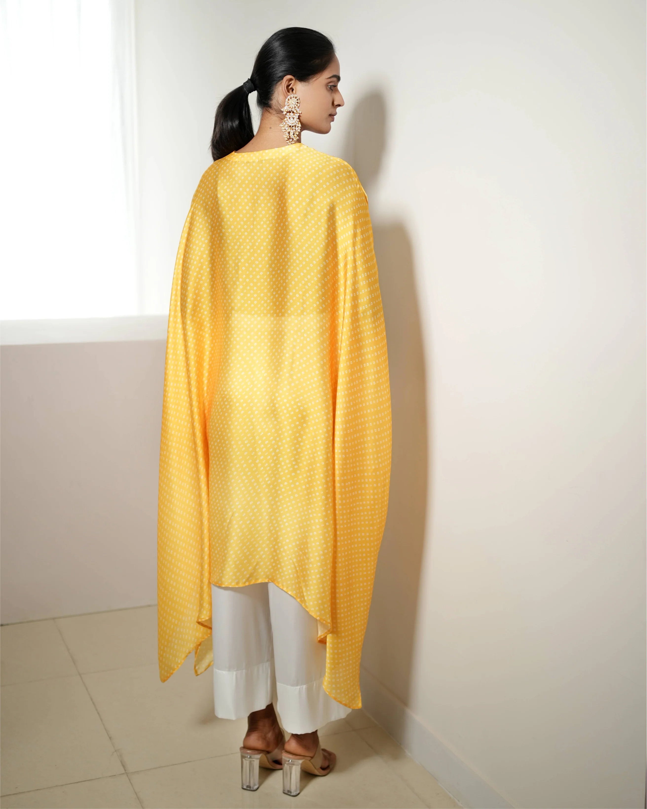 Yellow Satin Silk Bandhej Kurta Pant Set by Mayura Kumar with Bandhej, Bandhej Bandhini Mixology by Mayura Kumar, Dry clean, Festive Wear, Relaxed Fit, Satin Silk, Tie-Dye, Yellow at Kamakhyaa for sustainable fashion