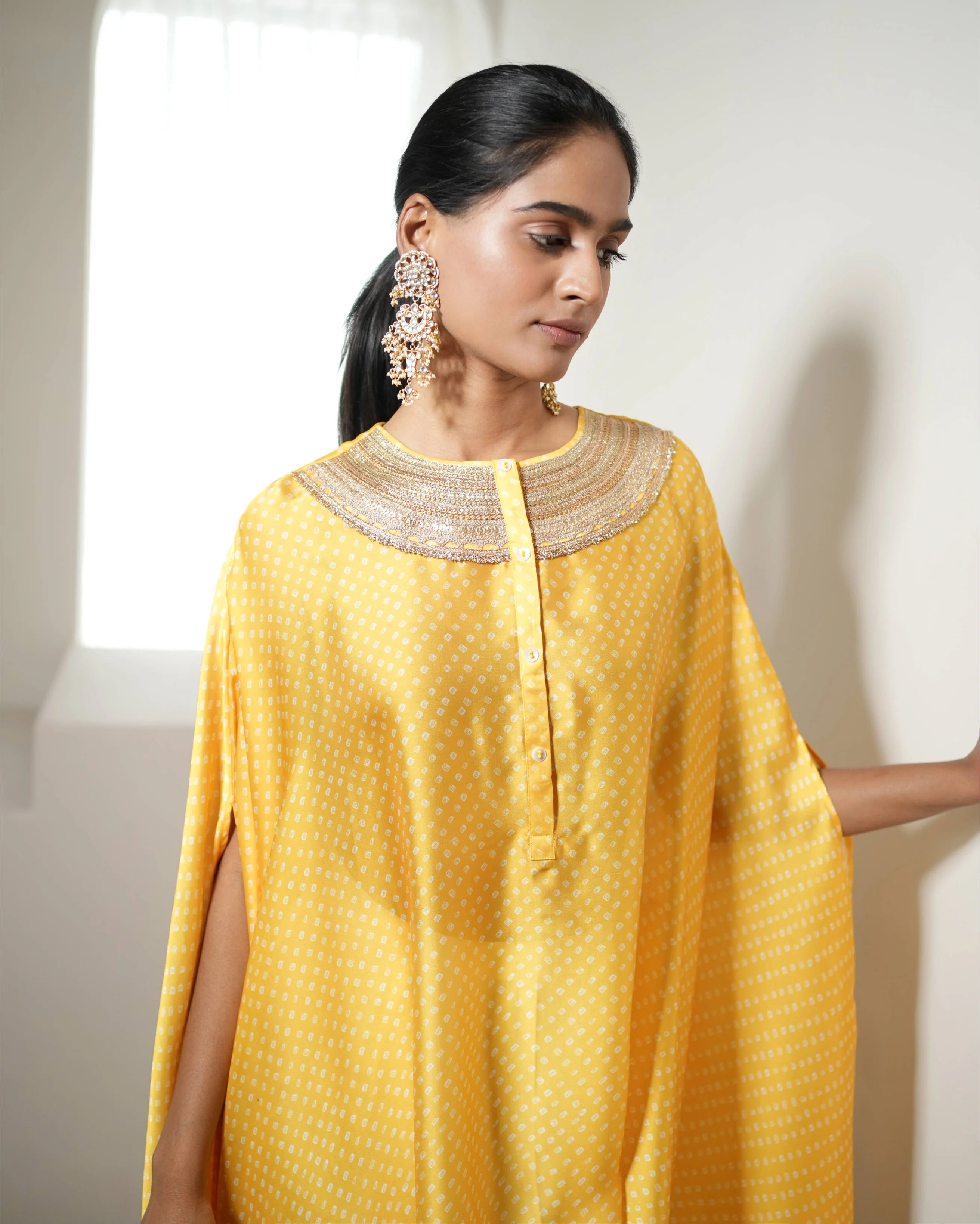 Yellow Satin Silk Bandhej Kurta Pant Set by Mayura Kumar with Bandhej, Bandhej Bandhini Mixology by Mayura Kumar, Dry clean, Festive Wear, Relaxed Fit, Satin Silk, Tie-Dye, Yellow at Kamakhyaa for sustainable fashion