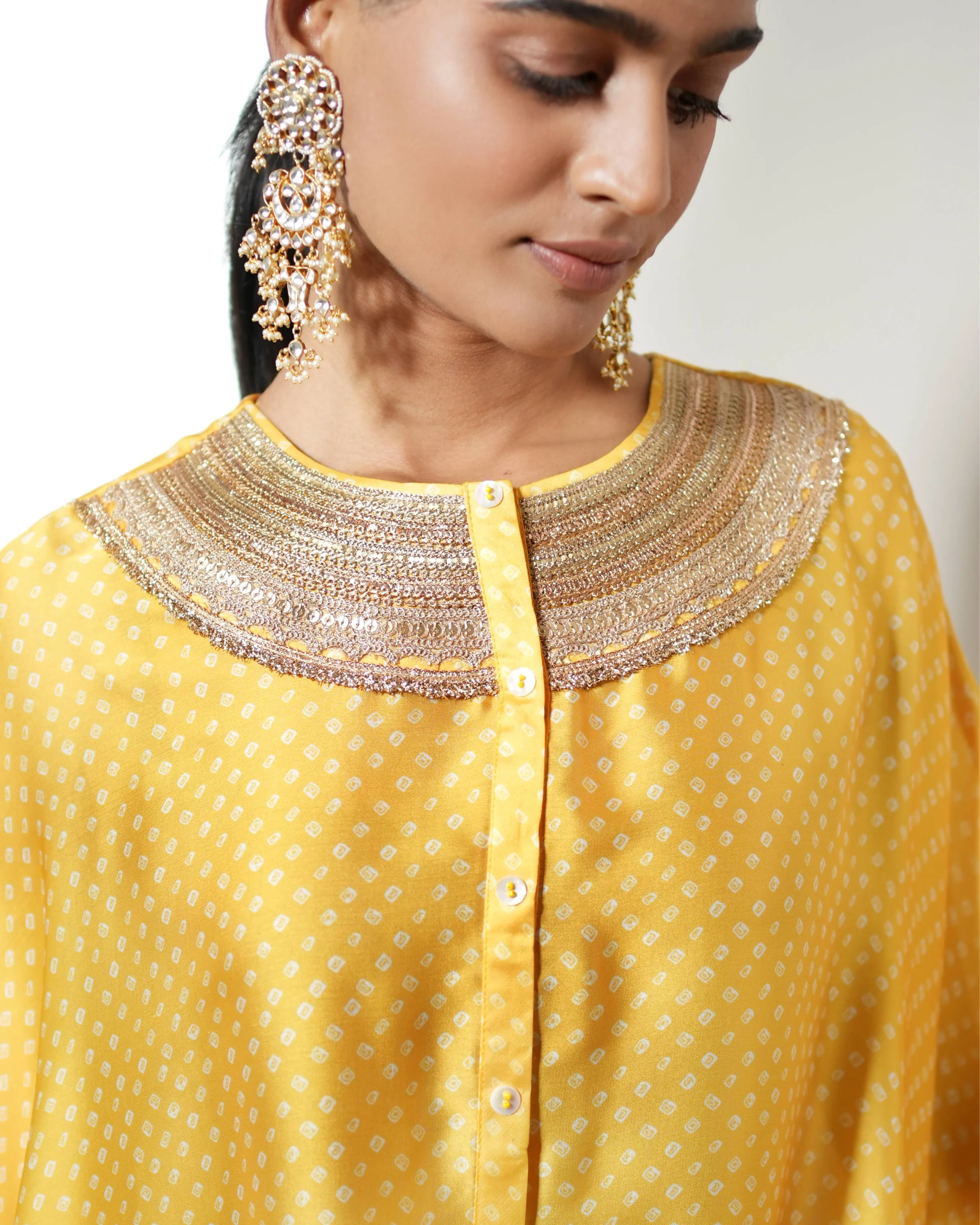 Yellow Satin Silk Bandhej Kurta Pant Set by Mayura Kumar with Bandhej, Bandhej Bandhini Mixology by Mayura Kumar, Dry clean, Festive Wear, Relaxed Fit, Satin Silk, Tie-Dye, Yellow at Kamakhyaa for sustainable fashion