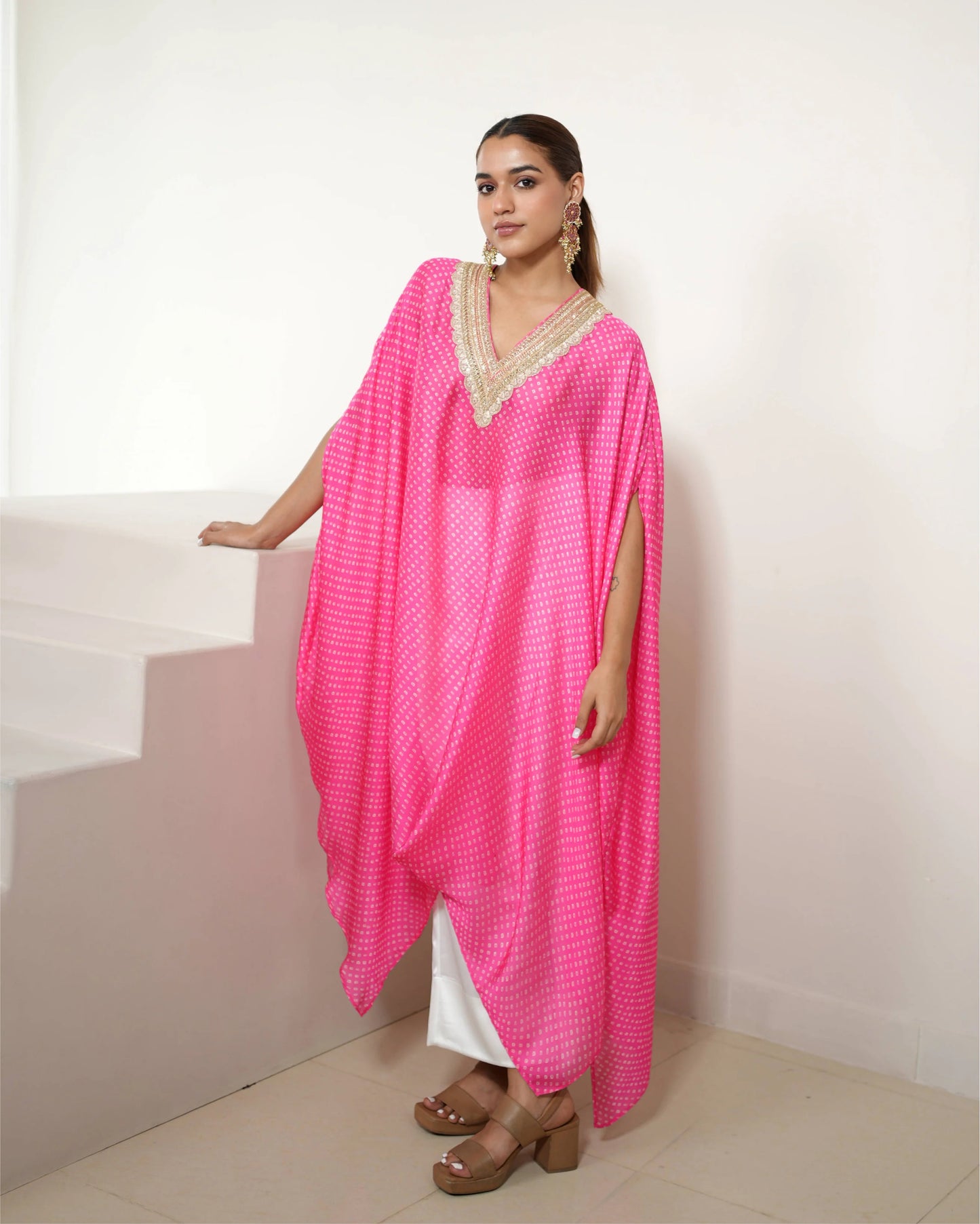 Fuchsia Pink V-neck Kurta Pant Set by Mayura Kumar with Bandhej, Bandhej Bandhini Mixology by Mayura Kumar, Dry clean, Festive Wear, Pink, Relaxed Fit, Satin Silk, Tie-Dye at Kamakhyaa for sustainable fashion