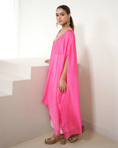 Fuchsia Pink V-neck Kurta Pant Set by Mayura Kumar with Bandhej, Bandhej Bandhini Mixology by Mayura Kumar, Dry clean, Festive Wear, Pink, Relaxed Fit, Satin Silk, Tie-Dye at Kamakhyaa for sustainable fashion