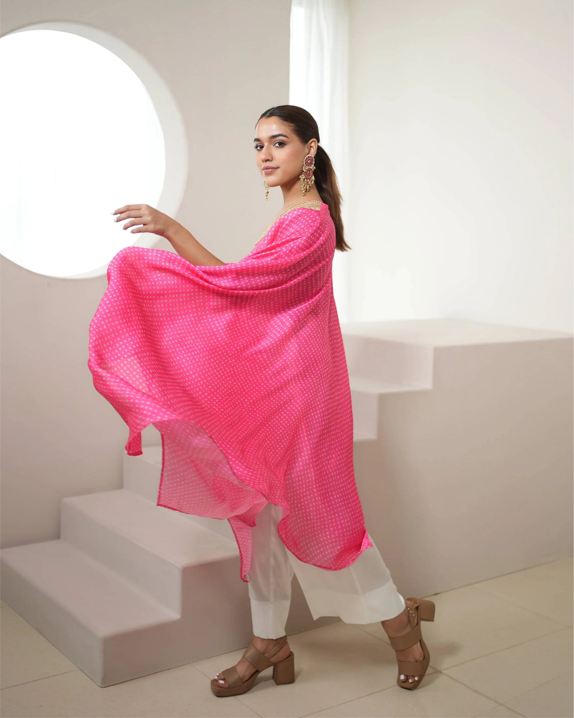 Fuchsia Pink V-neck Kurta Pant Set by Mayura Kumar with Bandhej, Bandhej Bandhini Mixology by Mayura Kumar, Dry clean, Festive Wear, Pink, Relaxed Fit, Satin Silk, Tie-Dye at Kamakhyaa for sustainable fashion