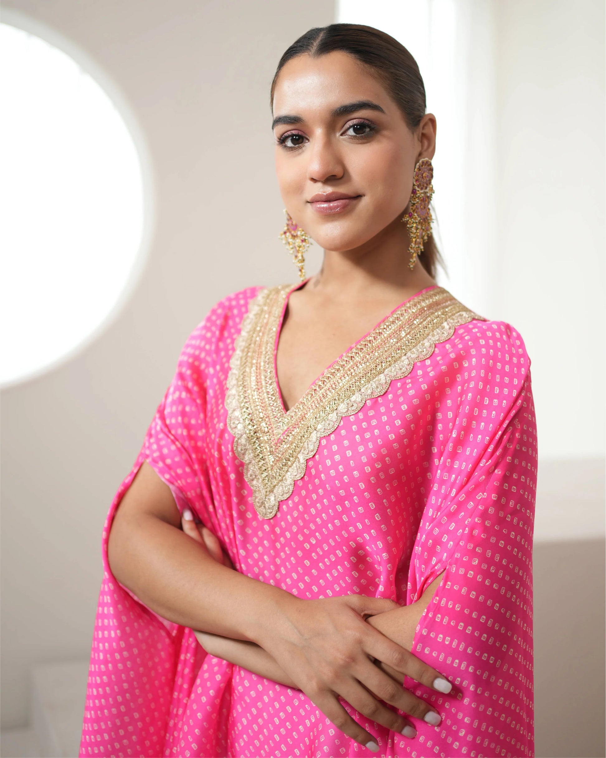 Fuchsia Pink V-neck Kurta Pant Set by Mayura Kumar with Bandhej, Bandhej Bandhini Mixology by Mayura Kumar, Dry clean, Festive Wear, Pink, Relaxed Fit, Satin Silk, Tie-Dye at Kamakhyaa for sustainable fashion