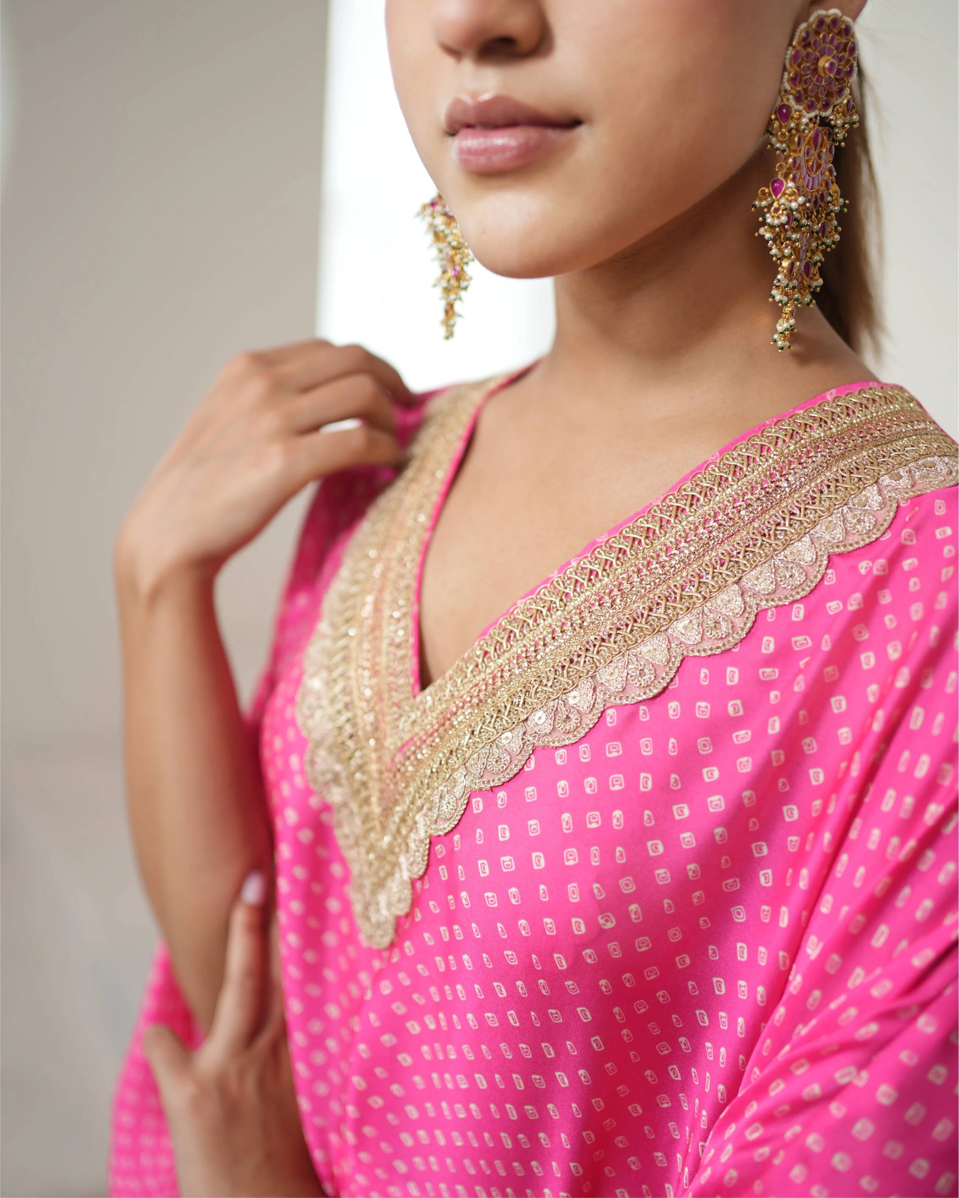 Fuchsia Pink V-neck Kurta Pant Set by Mayura Kumar with Bandhej, Bandhej Bandhini Mixology by Mayura Kumar, Dry clean, Festive Wear, Pink, Relaxed Fit, Satin Silk, Tie-Dye at Kamakhyaa for sustainable fashion