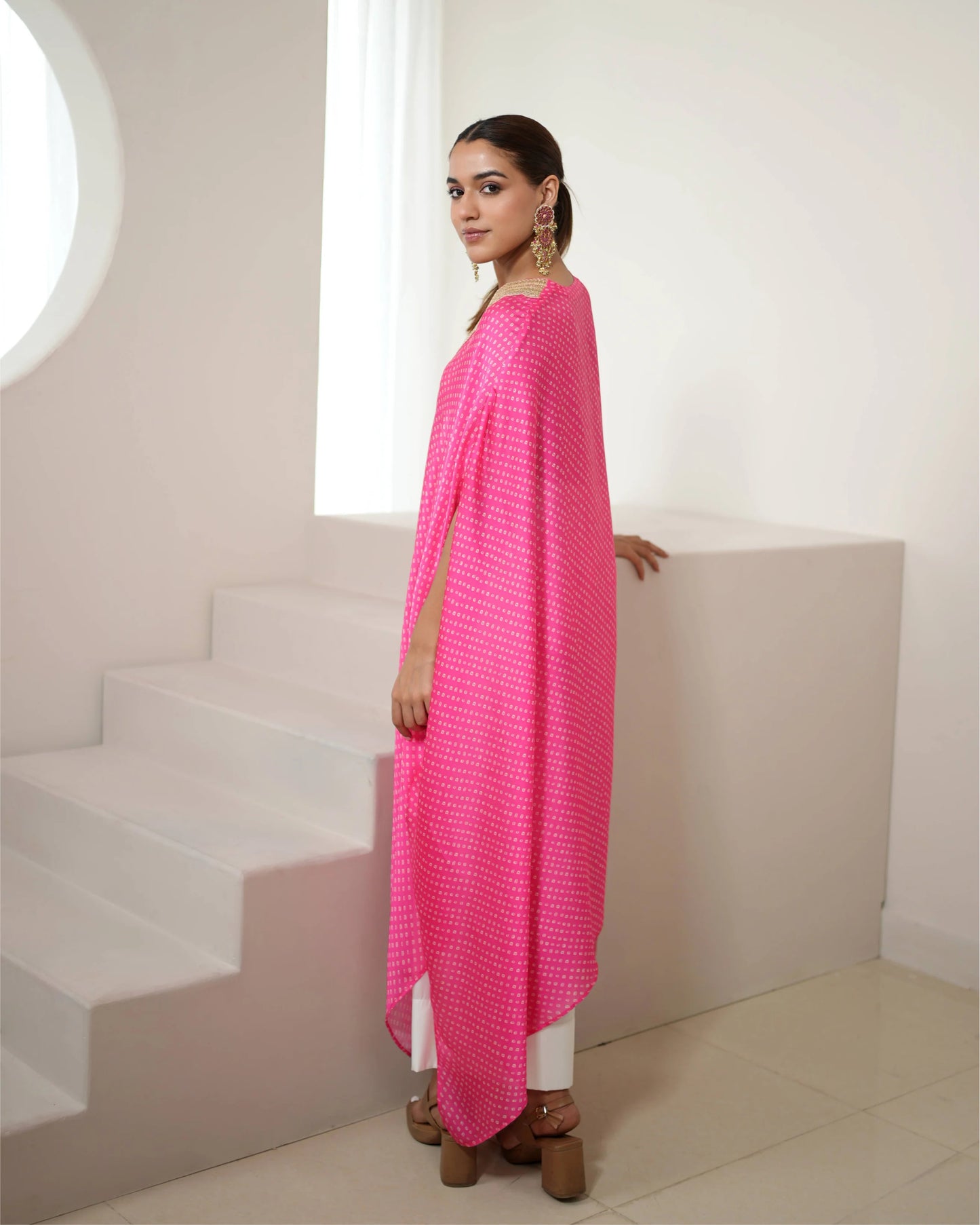 Fuchsia Pink V-neck Kurta Pant Set by Mayura Kumar with Bandhej, Bandhej Bandhini Mixology by Mayura Kumar, Dry clean, Festive Wear, Pink, Relaxed Fit, Satin Silk, Tie-Dye at Kamakhyaa for sustainable fashion