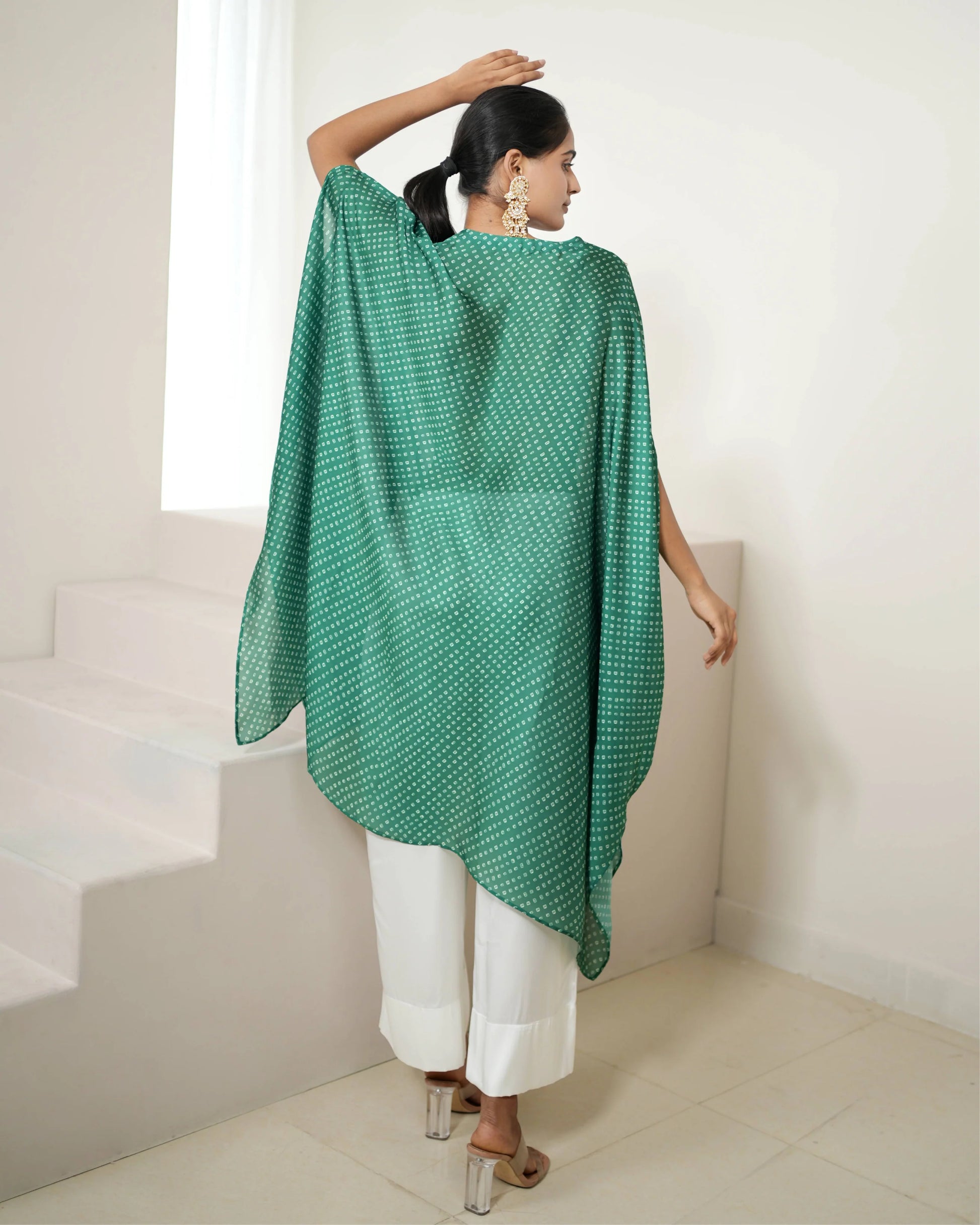 Green Crew neck Kurta Pant Set by Mayura Kumar with Bandhej, Bandhej Bandhini Mixology by Mayura Kumar, Dry clean, Festive Wear, Green, Relaxed Fit, Satin Silk, Tie-Dye at Kamakhyaa for sustainable fashion