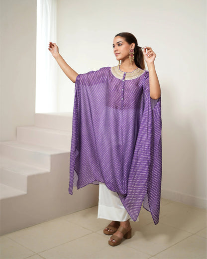 Purple Tunic Style Silk Kurta Pant Set by Mayura Kumar with Bandhej, Bandhej Bandhini Mixology by Mayura Kumar, Dry clean, Festive Wear, Purple, Relaxed Fit, Satin Silk, Tie-Dye at Kamakhyaa for sustainable fashion