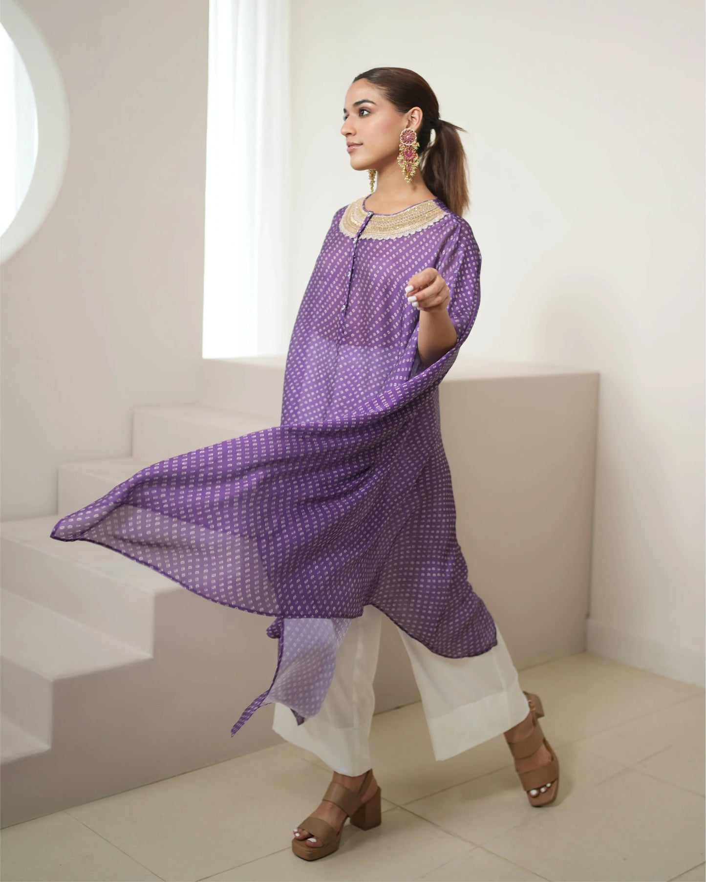 Purple Tunic Style Silk Kurta Pant Set by Mayura Kumar with Bandhej, Bandhej Bandhini Mixology by Mayura Kumar, Dry clean, Festive Wear, Purple, Relaxed Fit, Satin Silk, Tie-Dye at Kamakhyaa for sustainable fashion