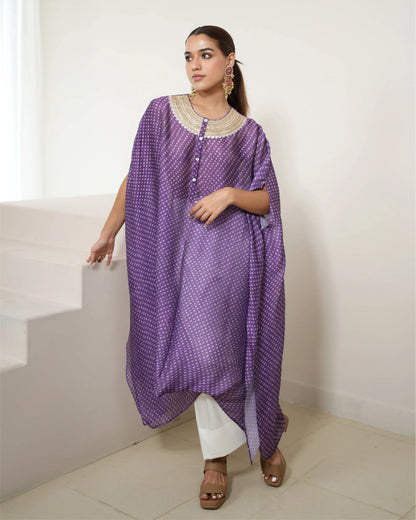 Purple Tunic Style Silk Kurta Pant Set by Mayura Kumar with Bandhej, Bandhej Bandhini Mixology by Mayura Kumar, Dry clean, Festive Wear, Purple, Relaxed Fit, Satin Silk, Tie-Dye at Kamakhyaa for sustainable fashion