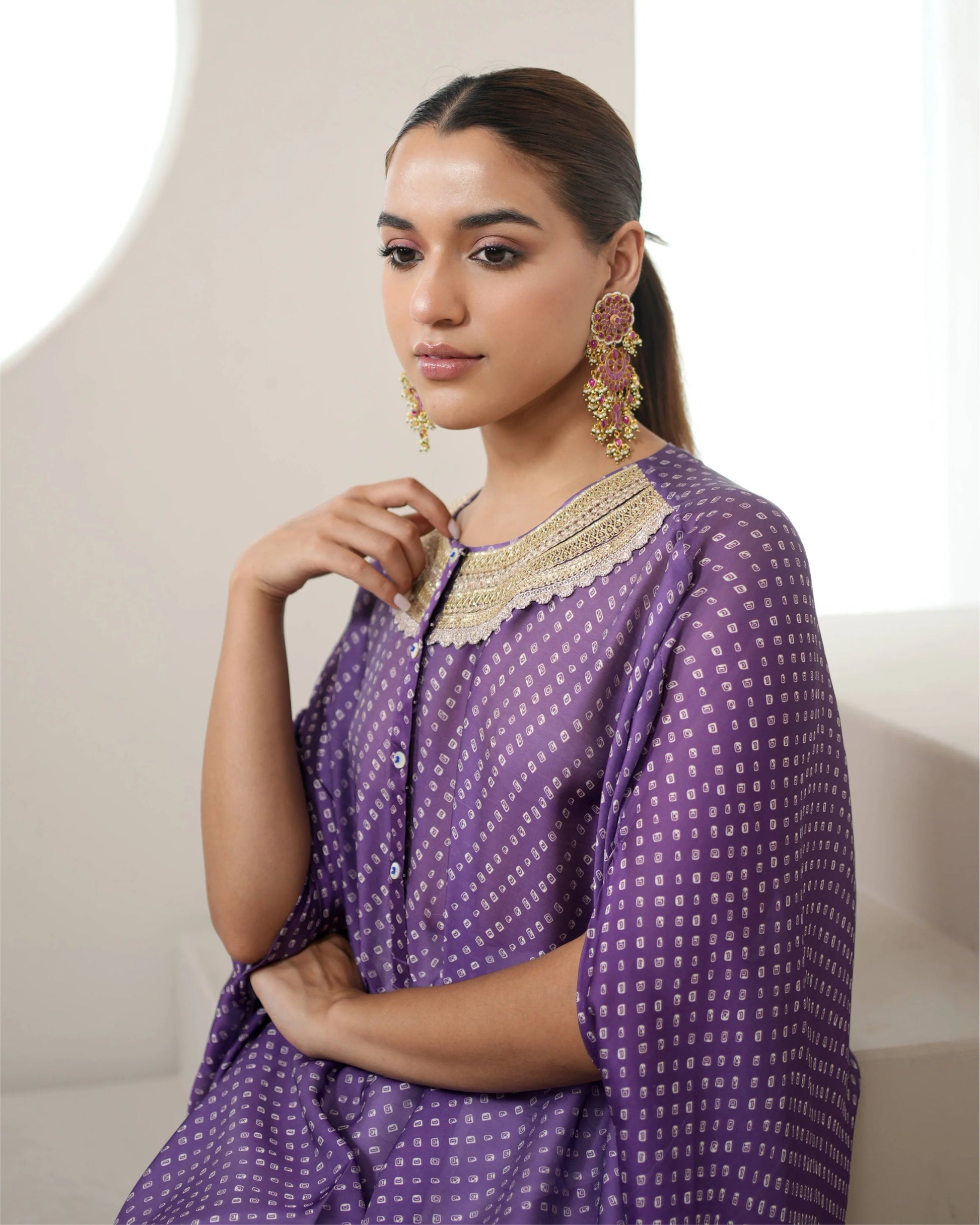 Purple Tunic Style Silk Kurta Pant Set by Mayura Kumar with Bandhej, Bandhej Bandhini Mixology by Mayura Kumar, Dry clean, Festive Wear, Purple, Relaxed Fit, Satin Silk, Tie-Dye at Kamakhyaa for sustainable fashion