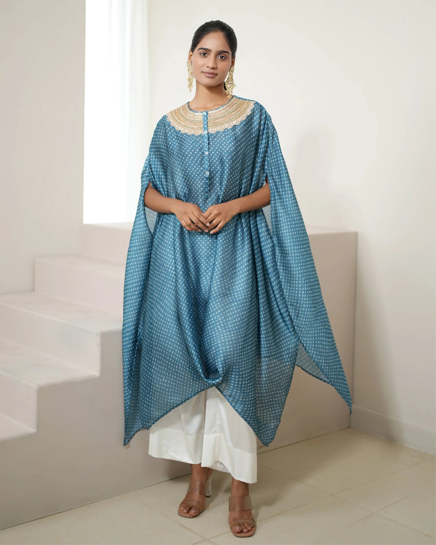 Aqua Blue Satin Silk Kurta Pant Set by Mayura Kumar with Bandhej, Bandhej Bandhini Mixology by Mayura Kumar, Blue, Dry clean, Festive Wear, Relaxed Fit, Satin Silk, Tie-Dye at Kamakhyaa for sustainable fashion