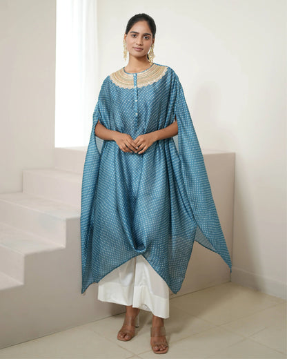 Aqua Blue Satin Silk Kurta Pant Set by Mayura Kumar with Bandhej, Bandhej Bandhini Mixology by Mayura Kumar, Blue, Dry clean, Festive Wear, Relaxed Fit, Satin Silk, Tie-Dye at Kamakhyaa for sustainable fashion