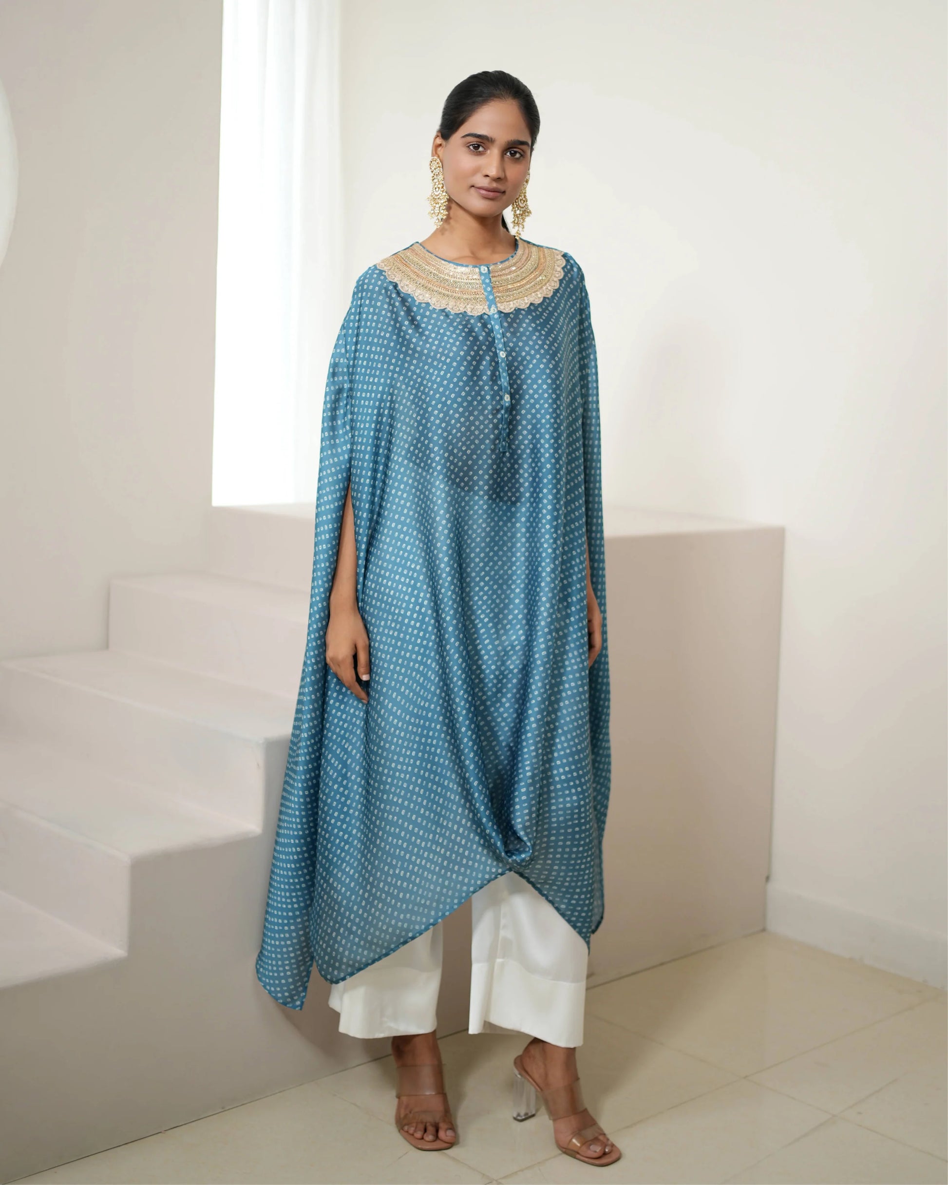 Aqua Blue Satin Silk Kurta Pant Set by Mayura Kumar with Bandhej, Bandhej Bandhini Mixology by Mayura Kumar, Blue, Dry clean, Festive Wear, Relaxed Fit, Satin Silk, Tie-Dye at Kamakhyaa for sustainable fashion