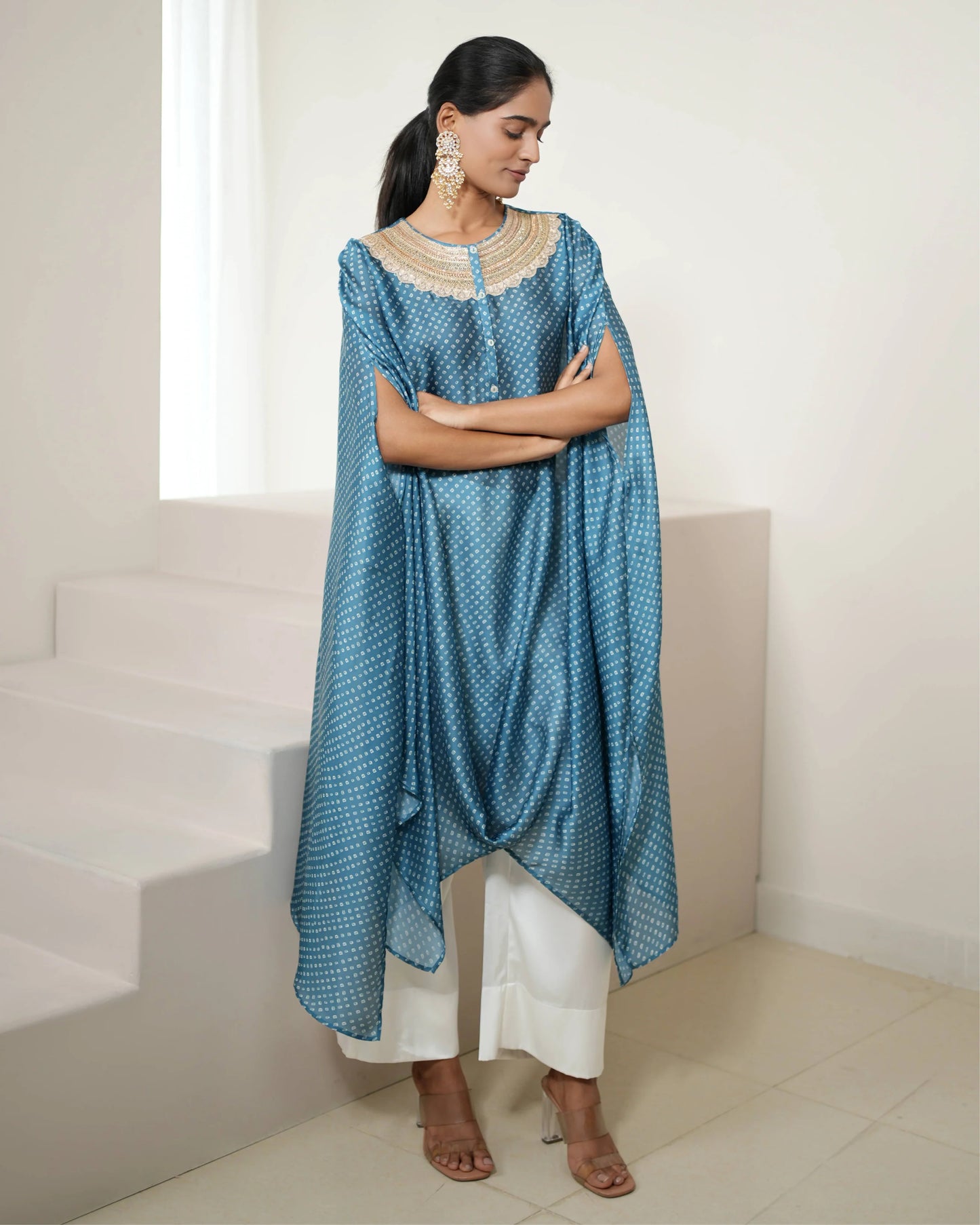 Aqua Blue Satin Silk Kurta Pant Set by Mayura Kumar with Bandhej, Bandhej Bandhini Mixology by Mayura Kumar, Blue, Dry clean, Festive Wear, Relaxed Fit, Satin Silk, Tie-Dye at Kamakhyaa for sustainable fashion